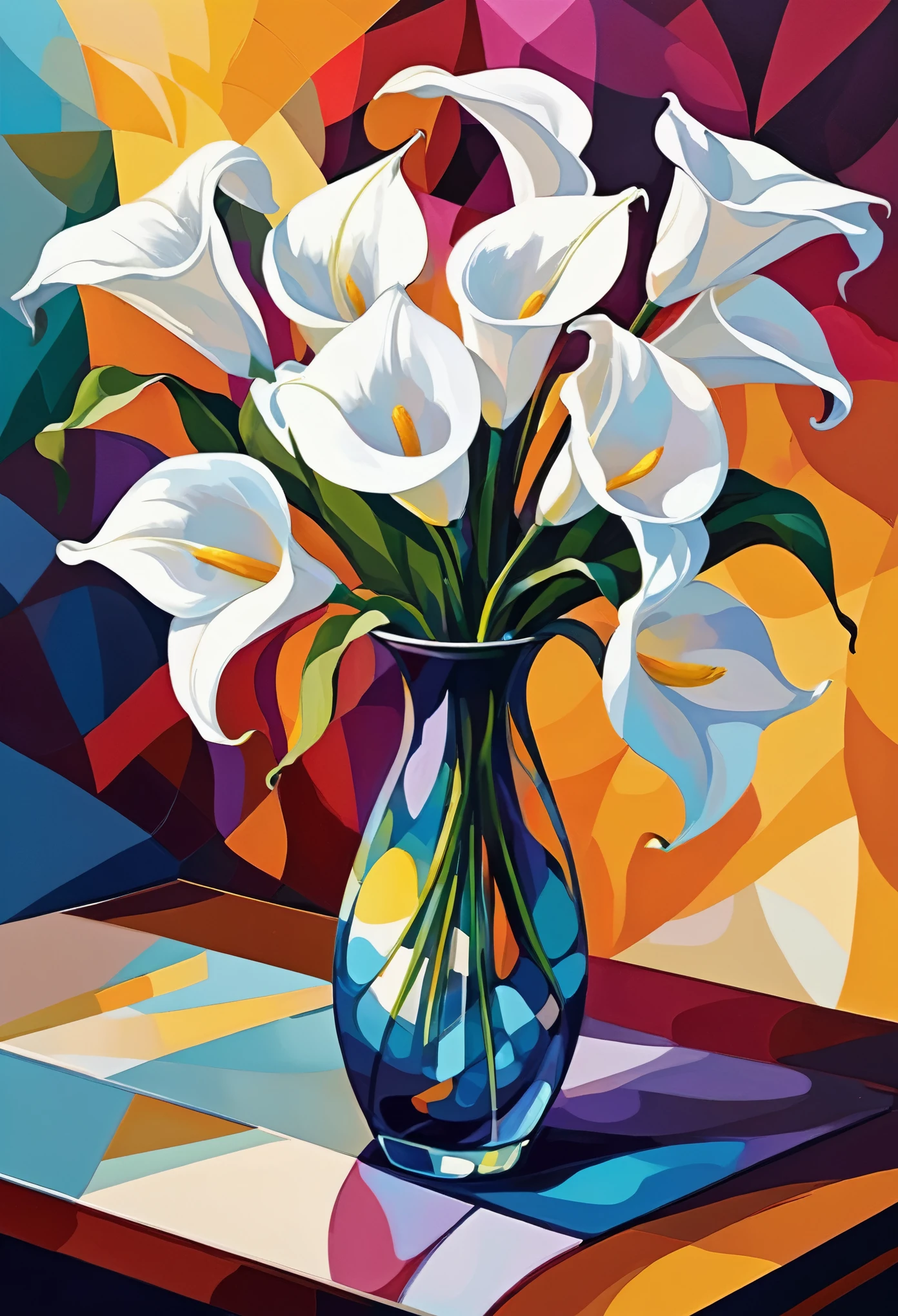 There is a vase acrylic painting with Zantedeschia aethiopica on a table, Elegant flowers, beautiful aesthetics, Elegant digital painting, magical flowers, Beautiful flowers, beautiful art, incredibly beautiful, cubist, colorful, vector art