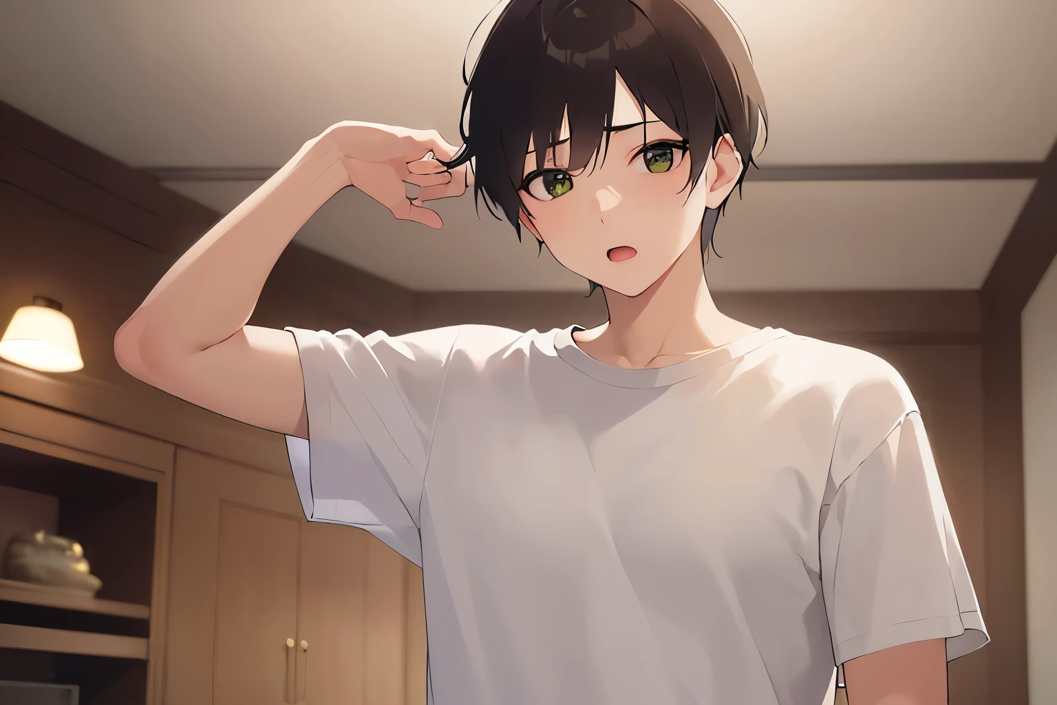 Hands on the head、masterpiece、highest quality、(25 year old male:1.5) and (brown short hair) and (green eyes), wearing a white T-shirt、Are standing、confused, open mouth、The background is the living room at night、(Alone:1.5)、Upper body is shown、