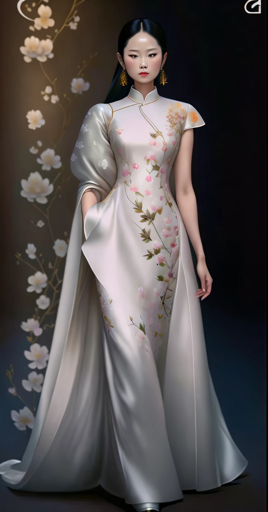 A woman in a white dress walks on the runway, Drawing of a woman wearing a floral patterned dress, cheongsam, Detailed clothing and face shape,woman in skirt,asian woman,perfect woman,tall figure,permanent posture,Before and after,亚洲woman,完美woman,tall figure,standing posture,Front back,HD quality,higher masterpiece,illustration,whole body,standing,Standing posture,Show your feet,bun hair,中式cheongsam,Goose dress,cheongsam,Flower and bird patterns,Butterfly纹路,Vintage texture,Freehand Chinese painting,Butterfly纹样,Butterfly,Peach blossoms bloom on the branches,HD quality,higher masterpiece,illustration,whole body,permanent,standing posture,show your feet,black hair,Peach blossoms bloom on the branches,, cheongsam, cheongsam, Chinese traditional clothing, Inspired by Guo Xi, fashion design, woman's long skirt, hanfu, Chinese style pattern, 详细的时尚illustration, fashion design, Ao Dai, 搭配中式服装 cheongsam, 详细的时尚illustration, fashion design,Chinese traditional clothing, 穿着长裙的woman形象, women's long skirt, Hanfu, full front view, Clothing design flowing sparkling fabric, flowing robe, very beautiful and elegant, wearing a beautiful dress, Fine details golden strokes, Dreamy intricate long gown, modest flowing robe, high fashion fashion, Soft and elegant dress, beautiful flowing fabric, Gorgeous and smooth, Elegant and elegant long skirt, gorgeous dress, Luxurious and intricate long gown