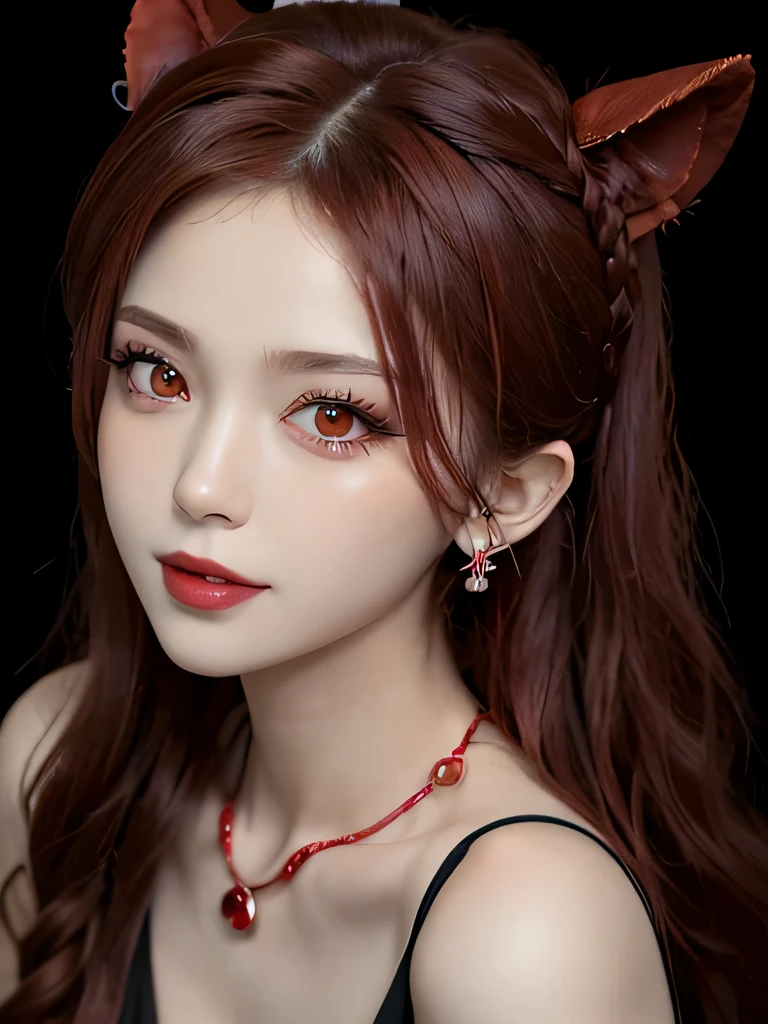 (in the dark:1.6), 1 girl, in the dark, deep shadow, secret key,cowboy shot,(formal wear:1.4) ,long wavy hair,redhead,clavicle、flame background、redhead、red background、red spirit clothes、earrings、necklace、red tattoo、red eyes、she is a spirit、close up of face、red eyes、close up of face、red eyes、look up、red fairy costume、red headband、red eyes、Braid、bright red lipstick、Fire Devil、red eyes、redhead、red eyes、赤いflame background、bright red eyes、twin tails、smile、小さなteethが見える、teeth、red eyes、clavicle、red bandana、Flame of Anger、