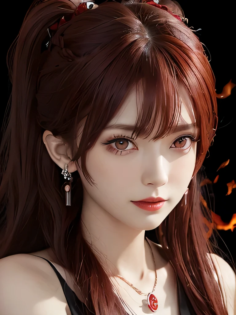 (in the dark:1.6), 1 girl, in the dark, deep shadow, secret key,cowboy shot,(formal wear:1.4) ,long wavy hair,redhead,clavicle、flame background、redhead、red background、red spirit clothes、earrings、necklace、red tattoo、red eyes、she is a spirit、close up of face、red eyes、close up of face、red eyes、look up、red fairy costume、red headband、red eyes、Braid、bright red lipstick、Fire Devil、red eyes、redhead、red eyes、赤いflame background、bright red eyes、twin tails、smile、小さなteethが見える、teeth、red eyes、clavicle、red bandana、Flame of Anger、