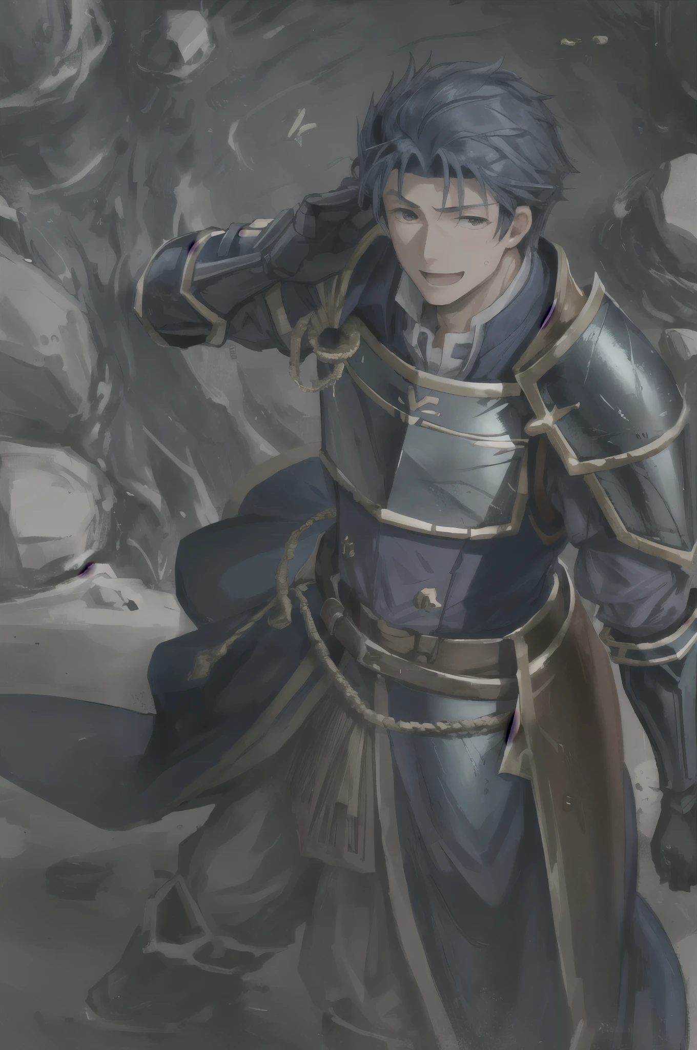Hector Fay, soloist, looking at the audience, smiling, open mouth, sweat, get wet, wet, Slobber, Gloves, 1 boy, blue hair, male focus, tie, armor, from below,