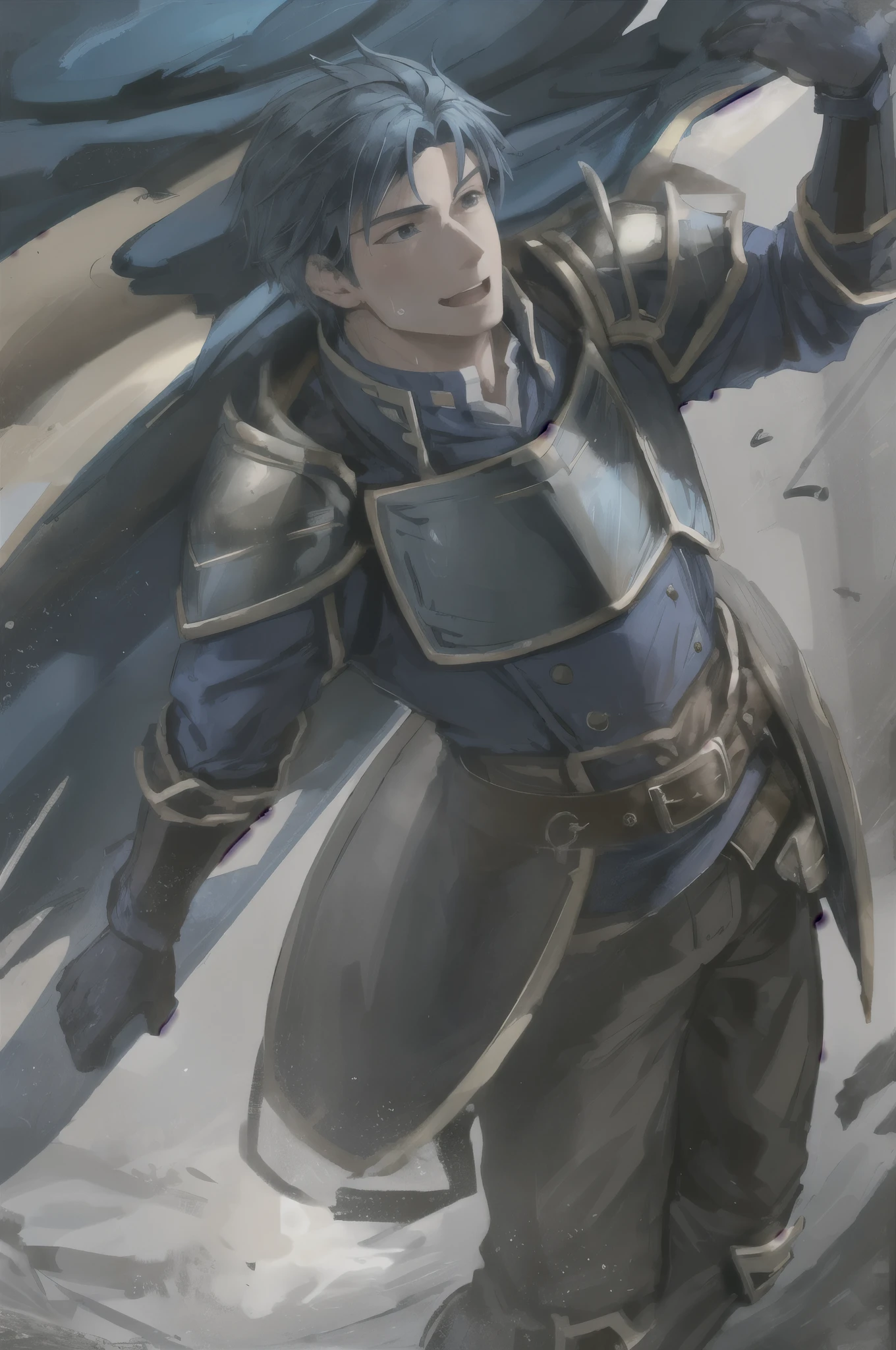 Hector Fay, soloist, looking at the audience, smiling, open mouth, sweat, get wet, wet, Slobber, Gloves, 1 boy, blue hair, male focus, tie, armor, from below,