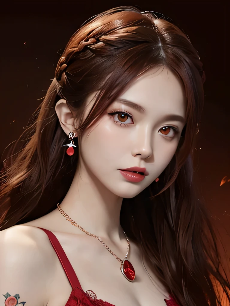 (in the dark:1.6), 1 girl, in the dark, deep shadow, secret key,cowboy shot,(formal wear:1.4) ,long wavy hair,redhead,clavicle、flame background、redhead、red background、red spirit clothes、earrings、necklace、red tattoo、red eyes、she is a spirit、close up of face、red eyes、close up of face、red eyes、look up、red fairy costume、red headband、red eyes、Braid、bright red lipstick、Fire Devil、red eyes、redhead、red eyes、赤いflame background、bright red eyes、twin tails、smile、小さなteethが見える、teeth、red eyes、clavicle、red bandana、Flame of Anger、