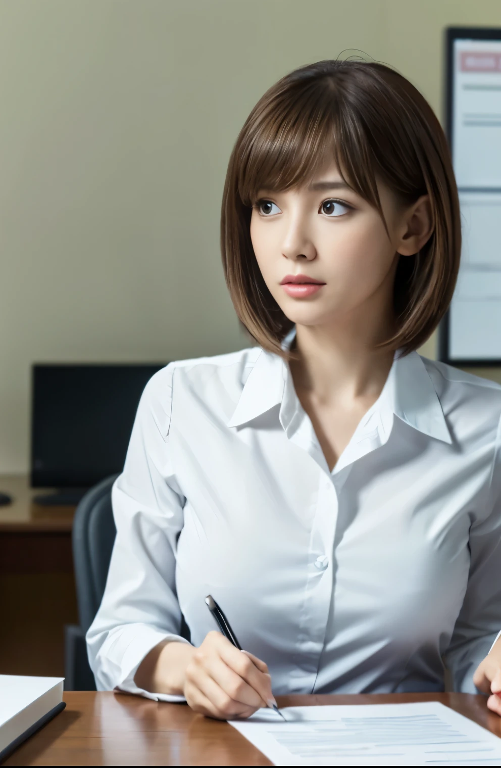 table top, highest quality, super detailed, finely, High resolution, 8k wallpaper, perfect dynamic composition, Beauty、、pat shoulders、beautiful and fine eyes,small face、neat girl、Slender、thin body、slender、white business shirt、natural color lip,office, get to the desk、a lot of documents on the desk,、operate a computer and work、hit the keyboard、My eyes are on the desktop、 brown hair、short bob、bangs bangs、beautiful breasts,slender体型、 in trouble、grim expression、