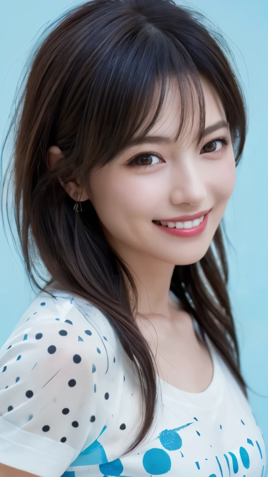 (highest quality、8K、32k、masterpiece)、(realistic)、(Photoreal:1.2)、(High resolution)、Super detailed、very beautiful face and eyes、1 girl、round and small face、thin waist、delicate body、(close、highest quality、high detail、Rich skin details)、(highest quality、8K、oil paint:1.2)、Super detailed、(realistic、realistic:1.37)、bright colors、(((bust shot)))、(((black hair)))、(((medium hair)))、(((pure white wall background)))、(((pure white wall background)))、(((dressed in blue)))、(((She has a happy expression)))、(((laughter)))、(((Wearing a light blue T-shirt)))、(((look straight ahead)))、(((A shirt with a dot pattern..)))、(((Arms crossed)))、