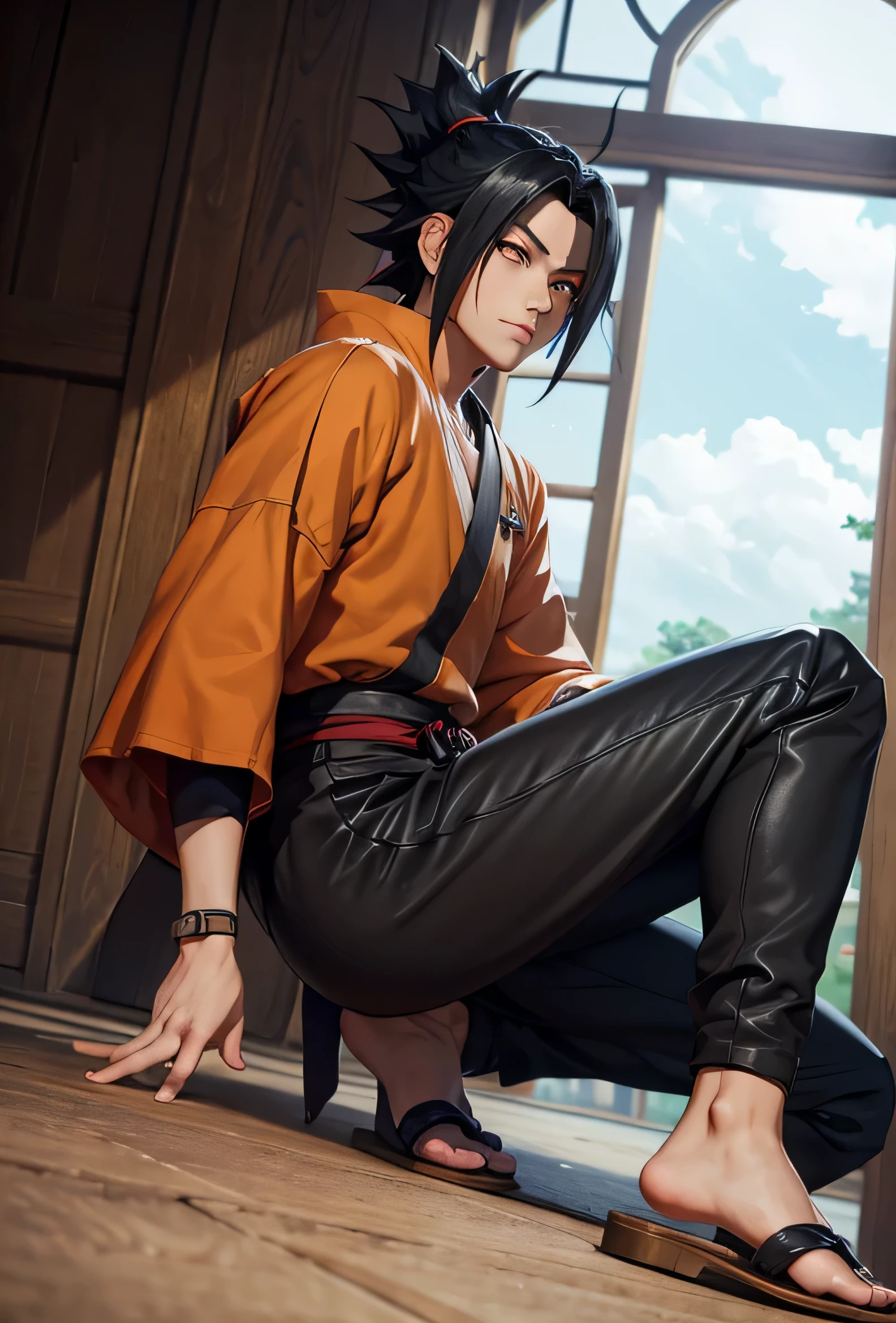 (8k masterpiece) 1male (dutch angle) fulbody art, uchiha, mid-langth hair, black hair, tan skin, sharingan eyes, hokage, soft smile, shinobi, black pants, sandles, holding kuni (facing viewer) uchiha, 