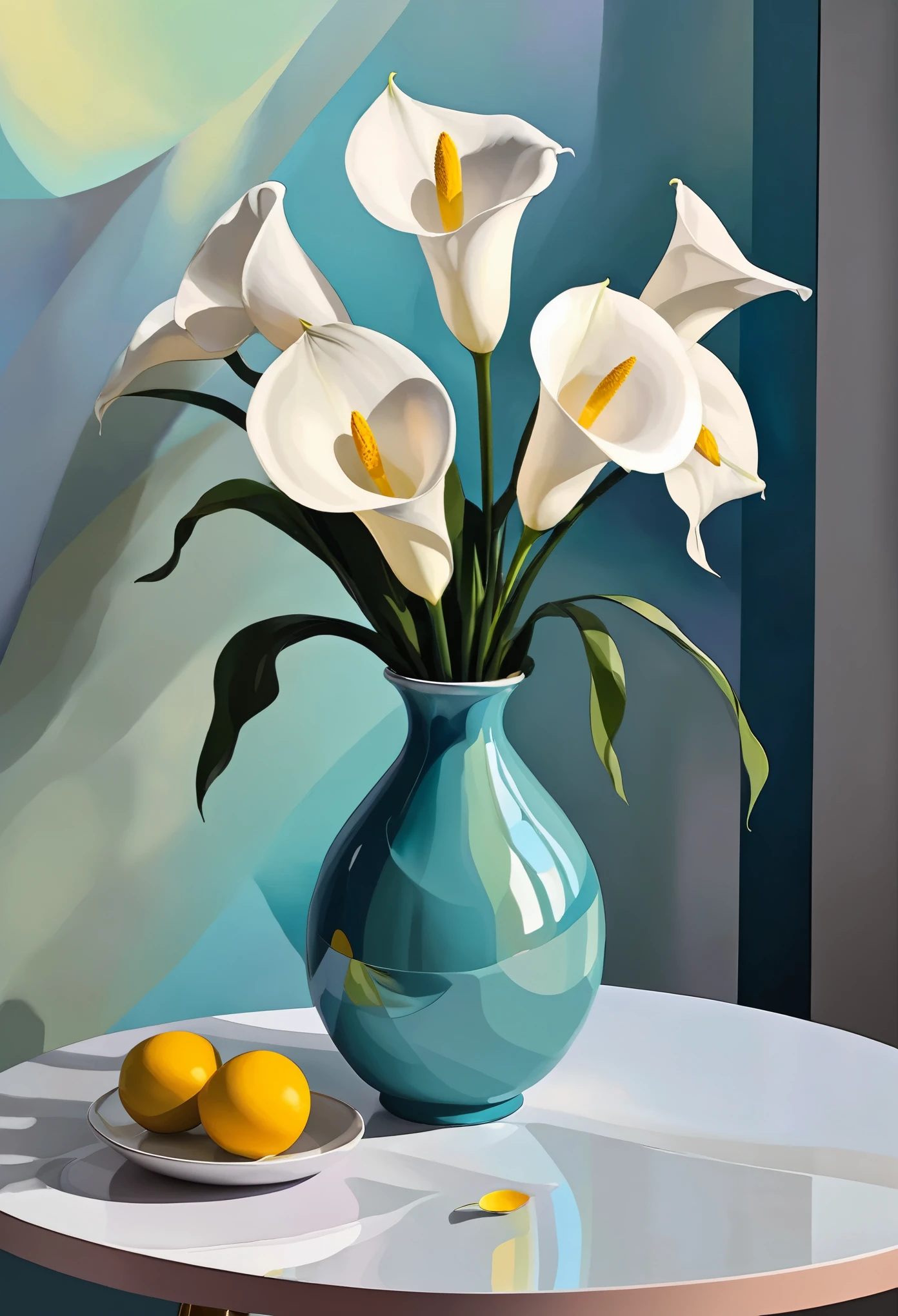 There is a vase acrylic painting with Zantedeschia aethiopica on a table, Elegant flowers, beautiful aesthetics, Elegant digital painting, magical flowers, Beautiful flowers, beautiful art, incredibly beautiful, cubist, colorful, vector art