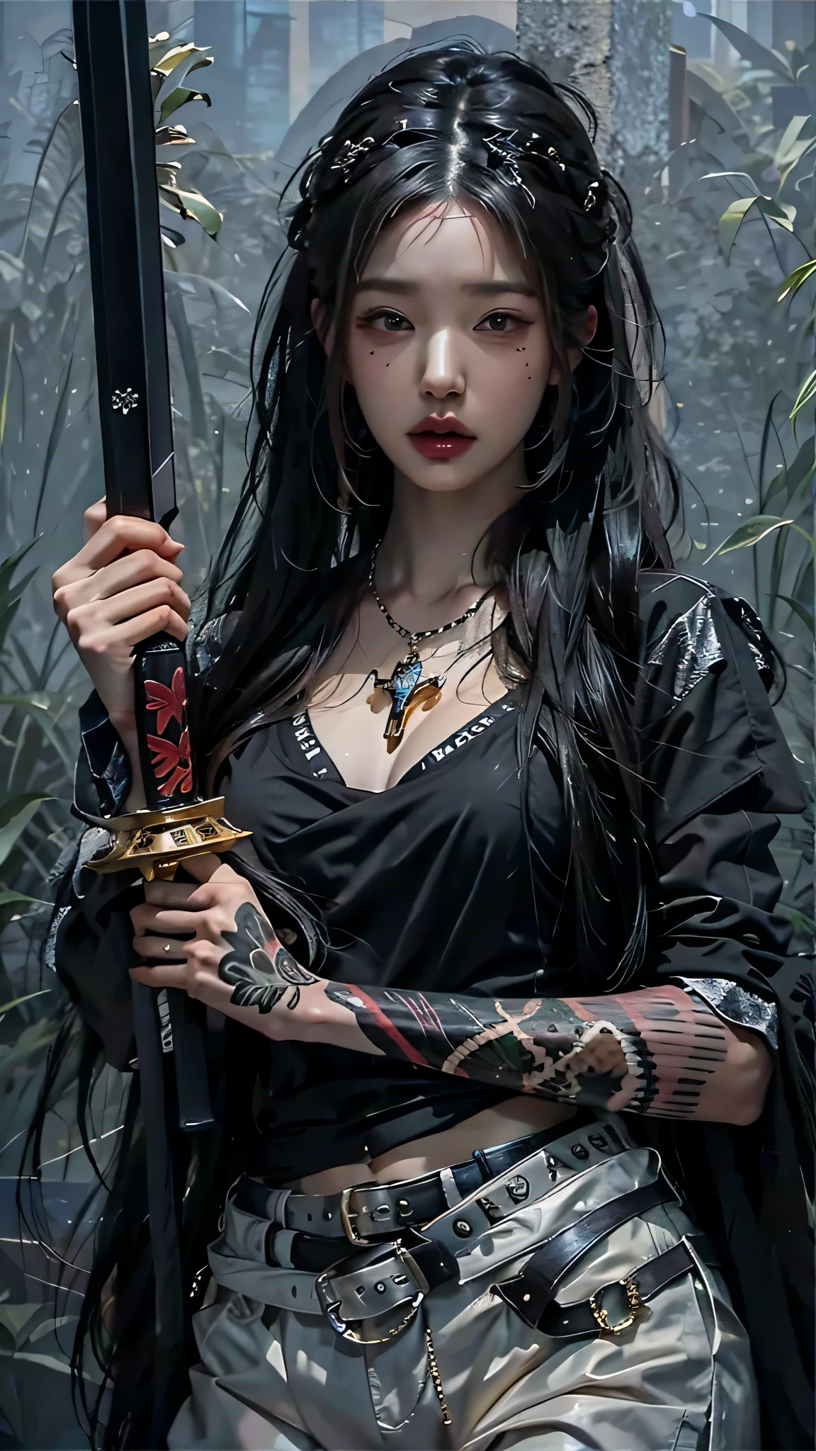 photorealistic, high resolution, soft light,1women, solo, hips up, (detailed face), jewelry, tattoo,black mafia clothing, black hair, super long hair, looking viewers, tatto, messy hair, close up, small breast, adult, holding sword