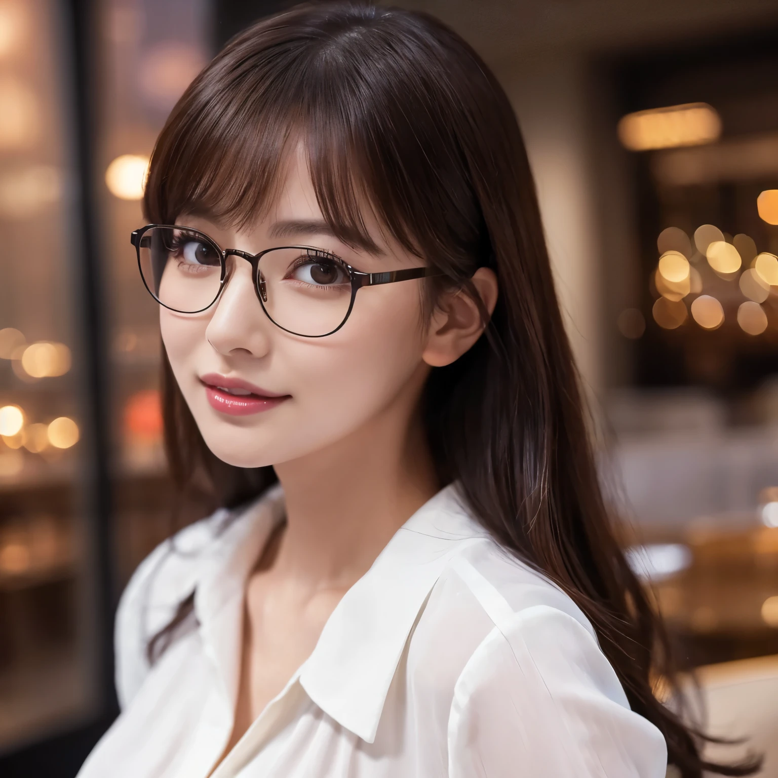 (highest quality、table top、8K、best image quality、Award-winning work)、one beautiful woman、25 years old、perfect beautiful composition、(Classy glasses:1.1)、Big breasts that are about to burst、white shirt、(Stand upright facing the front:1.1)、smile looking at me、perfect makeup、Bewitching、Overflowing sex appeal、glossy and bright lips、accurate anatomy、(close up of face:1.5)、(The most moody and romantic atmosphere:1.1)、(The most romantic blurred night scene background:1.1)、(Night view of the 40th floor seen from the roof of a skyscraper:1.2)、Beautiful face with exquisite balance、perfect makeup、Ultra high definition beauty face、ultra high definition hair、Moist eyes in super high resolution、(completely closed lips:1.2)、(Super high resolution glossy skin:1.1)、Super high resolution glossy lips