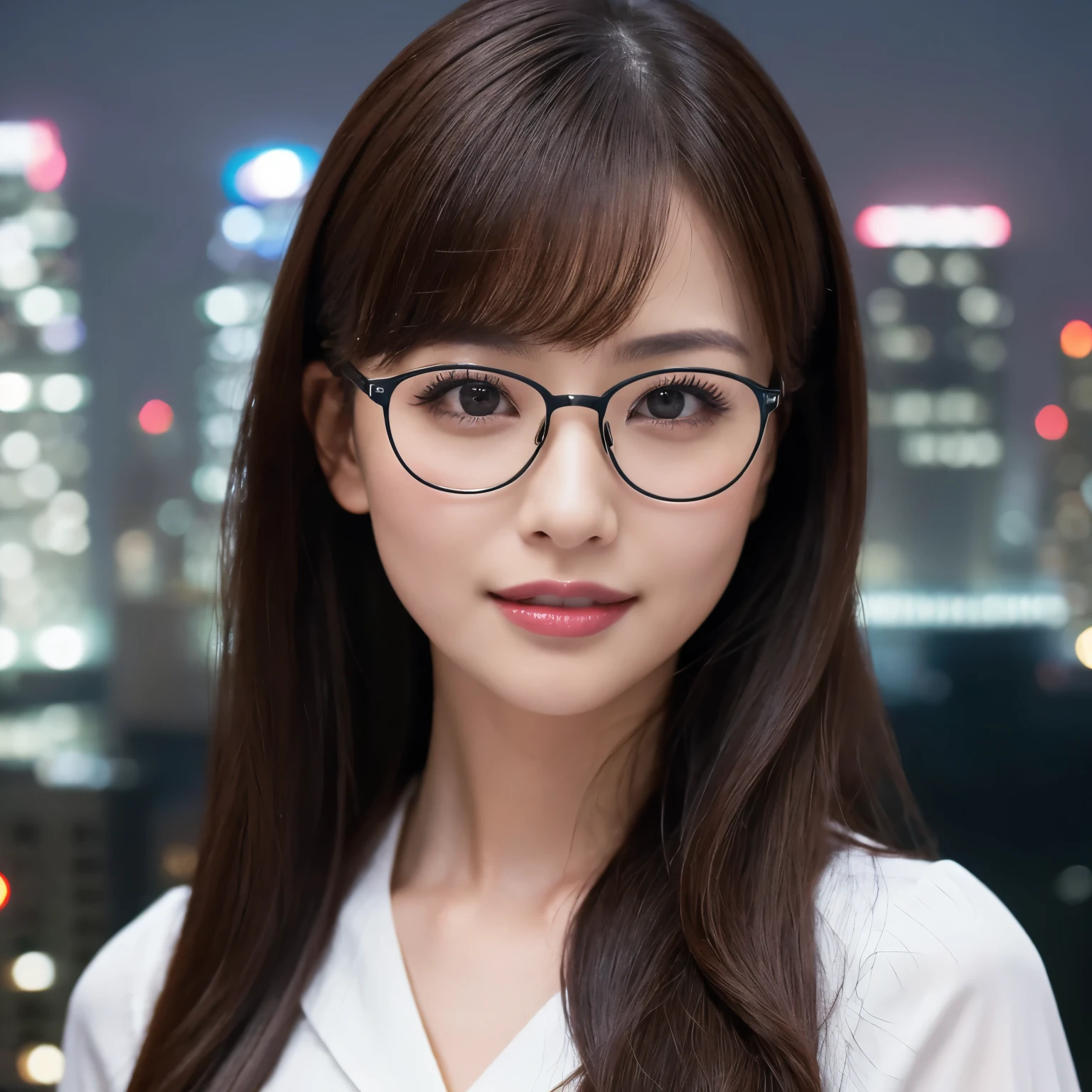 (highest quality、table top、8K、best image quality、Award-winning work)、one beautiful woman、25 years old、perfect beautiful composition、(Classy glasses:1.1)、Big breasts that are about to burst、white shirt、(Stand upright facing the front:1.1)、smile looking at me、perfect makeup、Bewitching、Overflowing sex appeal、glossy and bright lips、accurate anatomy、(close up of face:1.5)、(The most moody and romantic atmosphere:1.1)、(The most romantic blurred night scene background:1.1)、(Night view of the 40th floor seen from the roof of a skyscraper:1.2)、Beautiful face with exquisite balance、perfect makeup、Ultra high definition beauty face、ultra high definition hair、Moist eyes in super high resolution、(completely closed lips:1.2)、(Super high resolution glossy skin:1.1)、Super high resolution glossy lips