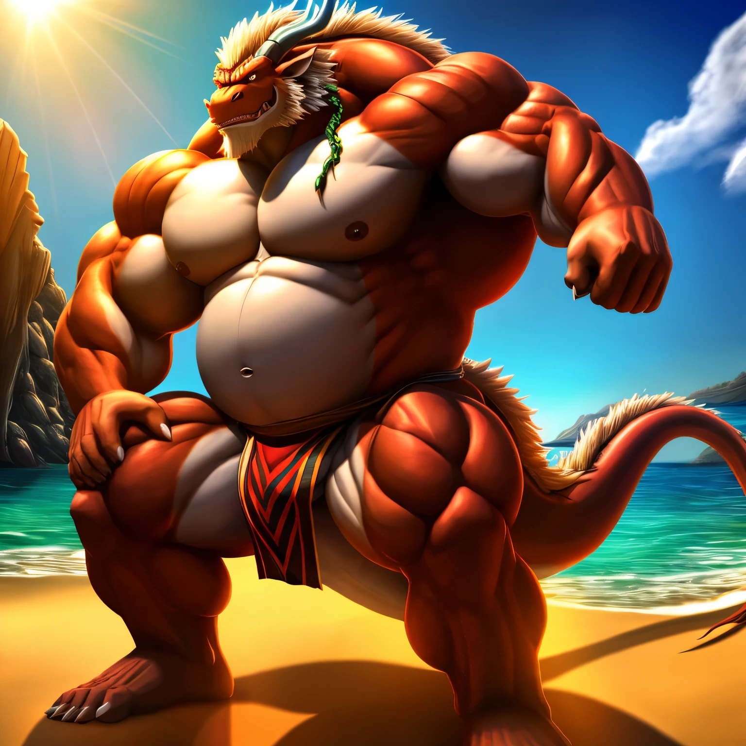  kaido,  eastern dragon king, male dragon, eastern dragon, very big muscles, hulking,  extremely strong, big abdominal muscles, hefty musclegut, pecs, muscular dad body,  Strong and robust musclegut , strong abs, sharp  claws, dragon feet claw, full body, loincloth, one piece, HDR,  nipples, sunlight, daylight, outdoor, bright , sunshine, at noon, fighting pose, good weather,  on sea beach, 8k, best quality .