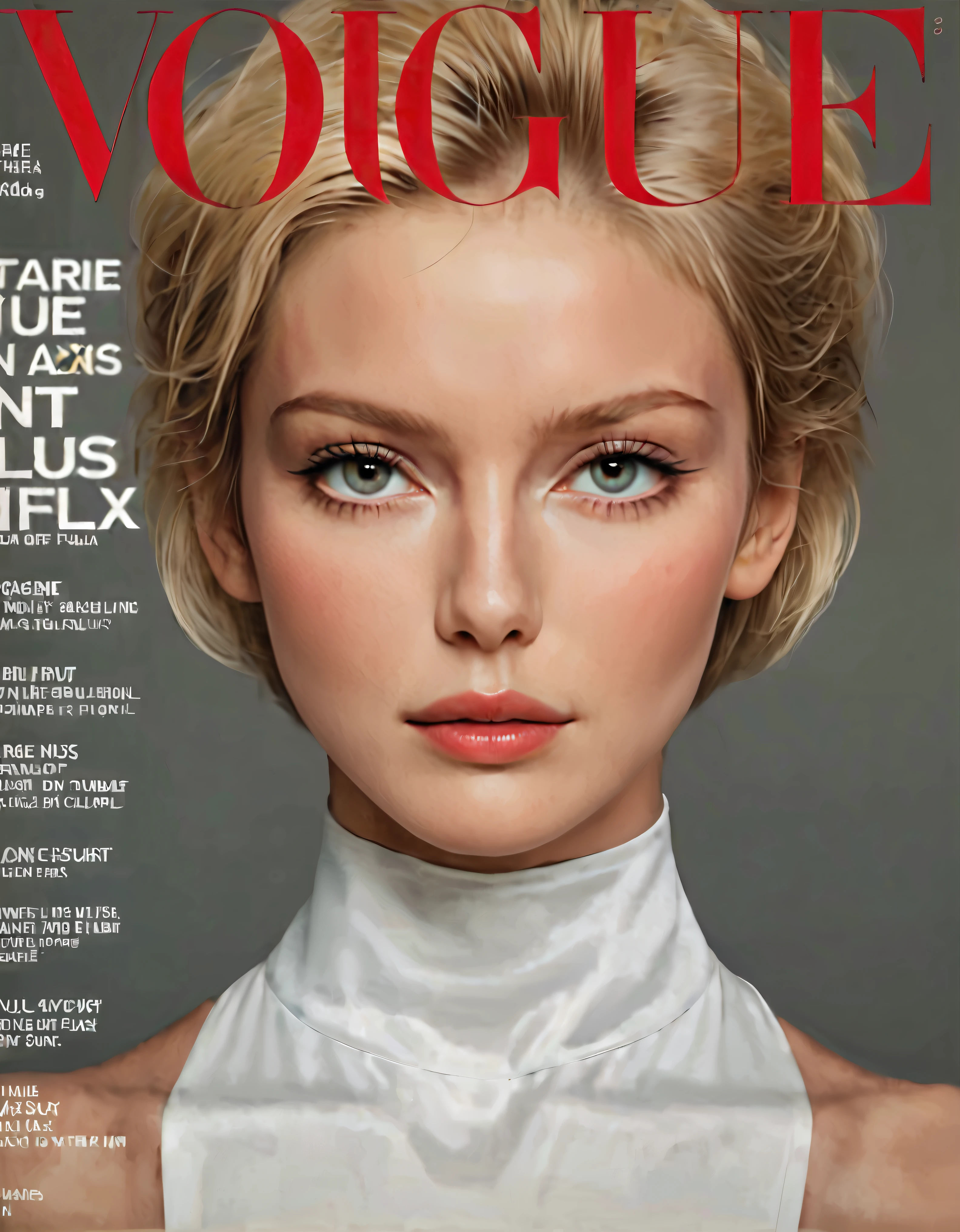 ((Fashion Cover Magazine):1.6), Generate a stunning magazine cover image featuring a Fresh Dutch Supermodel beauty, known for her very short blonde hair and captivating features. Ensure the depiction of her entire body in a dynamic pose, highlighting her attractive proportions and golden ratio face. ((attractive proportions):1.2), Emphasize realistic details such as beauty marks, skin texture, eyes glow, and hair texture, accentuating her big eyes, clear double eyelids, long eyelashes, and visible ears. Portray her wearing fashionable attire from a magazine, including stylish handgloves, as she walks down a European city street basked in warm sunlight. Employ a dynamic angle reminiscent of commercial photography styles, resembling Paolo Roversi's work, shot on a RED digital cinema camera with a desaturated grunge filter for added depth. Pay close attention to detail, ensuring photorealistic quality in maximum 16K resolution. Capture her in a bold and dreamy pose, with her gaze directed into the distance, while showcasing her flawless physique of her whole body, ((full body shot):1.5), including intricate details of her fingers, legs, and hands. | Rendered in ultra-high definition with UHD and retina quality, this masterpiece ensures anatomical correctness and textured skin with super detail. With a focus on high quality and accuracy, this award-winning portrayal captures every nuance in stunning 16k resolution, immersing viewers in its lifelike depiction. | Featuring a person with a calm expression, facing the viewer directly. Ensure well-defined facial features, natural skin tones, and appropriate lighting for a lifelike appearance. Avoid extreme angles or exaggerated expressions to maintain realism. Pay attention to details such as hair texture, eye clarity, and subtle facial contours. | ((perfect_composition, perfect_design, perfect_layout, perfect_detail, ultra_detailed)), ((enhance_all, fix_everything)), More Detail, Enhance.