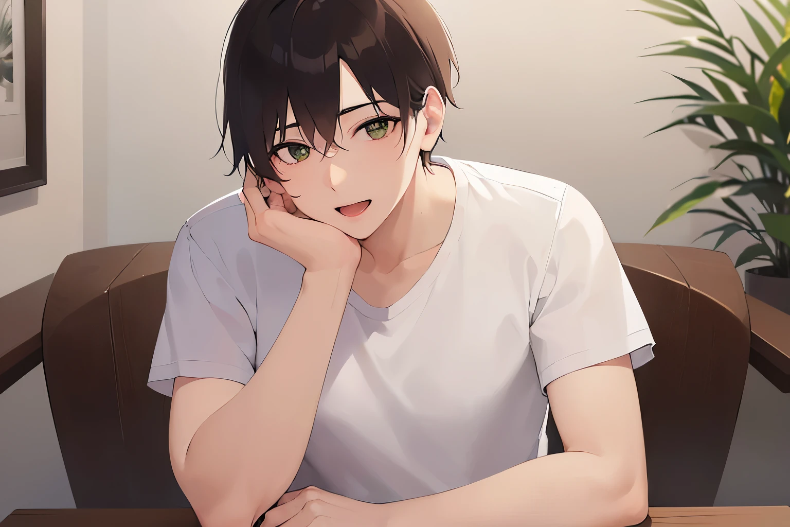 Hands on the chin、masterpiece、highest quality、(25 year old male:1.5) and (brown short hair) and (green eyes), wearing a white T-shirt、sitting、smile, open mouth、The background is the dining room、(Alone:1.5)、Upper body is shown、