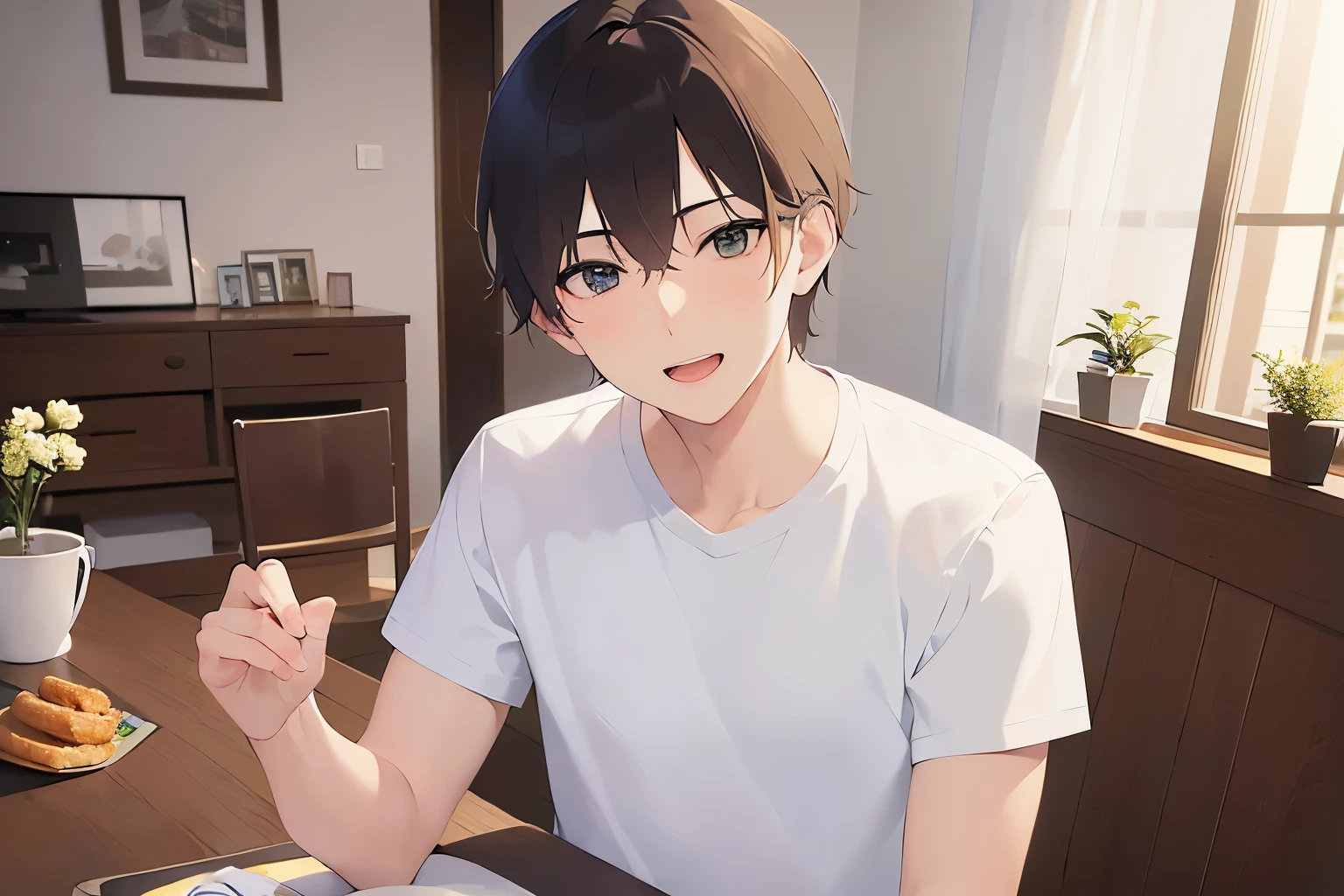 Hands on the chin、masterpiece、highest quality、(25 year old male:1.5) and (brown short hair) and (green eyes), wearing a white T-shirt、sitting、smile, open mouth、The background is the dining room、(Alone:1.5)、Upper body is shown、