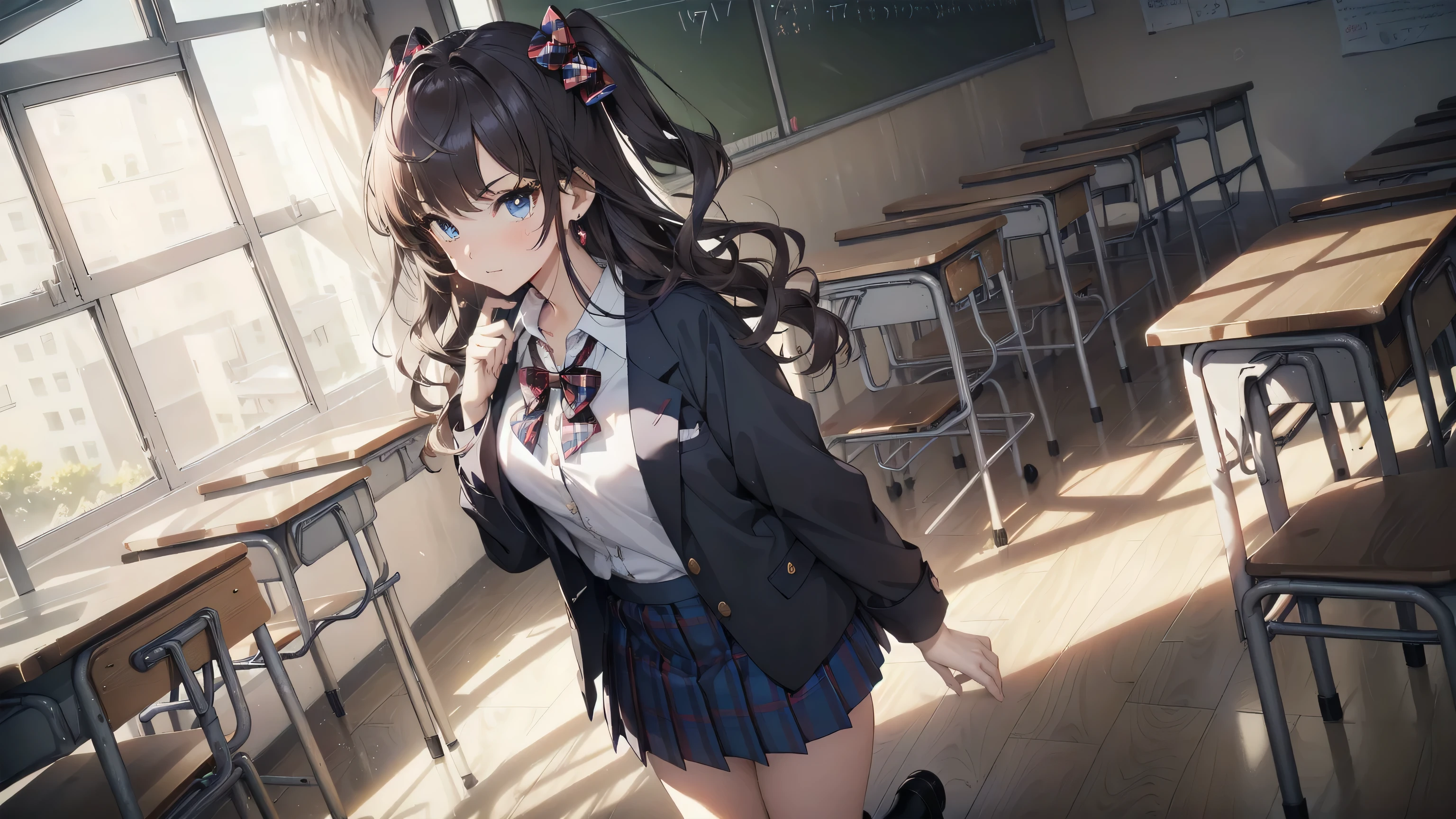 ((masterpiece)), ((Ray Traicing)), ((best quality)), ((highres)), ((realistic)), ((wallpaper)), ((Super Detailed)), ((High Quality)), ((vibrant colors)), ((colorful lighting, vivid colors, sunny color filter, nice colors)), ((soft lighting)), ((face detailed)), ((image detalied)), ((detailed classroom setting)). Ichinose shiki, idolmaster, long hair, two side up, hair bow, ahoge, medium breasts, earrings, , school scenery background, classroom (Please draw a single one girl walking in a classroom school:1.3) ((1girl)), (Solo, face,17-year-old:2.0), a high school student. Full limbs, complete fingers, ((perfect fingers)), ((perfect hands)), ((perfect arms)), medium butt, groin, perfect blue eyes, one american blazer uniform girl ((full white blouse with formal collar)), ((navy blue blazer, blue plaid skirt)), ((tartan, check plaid texture skirt)), ((red plaid bow on the blouse)), ((blouse inside the skirt, the blazer over it)), (Detailed Lighting), (Detailed background), (in the school zone), ((full body view)), ((standing)), ((legs)), uwabaki shoes. beautiful single girl (one girl), full body shot. Background is the school, front body ((walking, standing)). pretty eyelashes, make up, electric eyes, ((black socks, black school shoes)), ((standing right body, the girl appears in full body))
