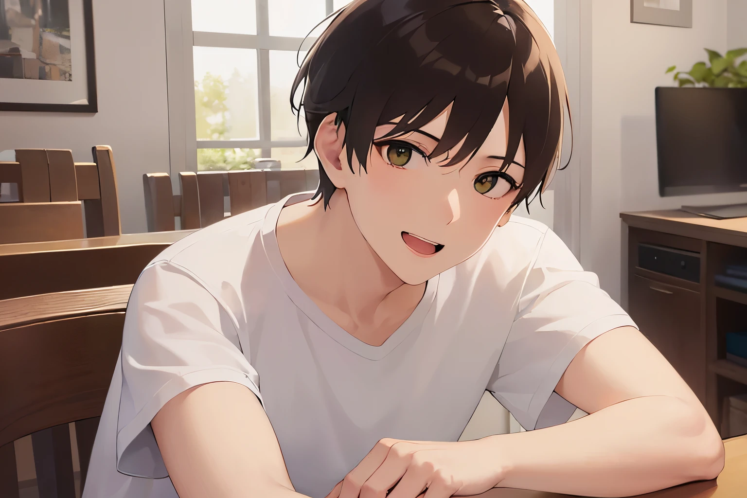 Hands on the chin、masterpiece、highest quality、(25 year old male:1.5) and (brown short hair) and (green eyes), wearing a white T-shirt、sitting、smile, open mouth、The background is the dining room、(Alone:1.5)、Upper body is shown、