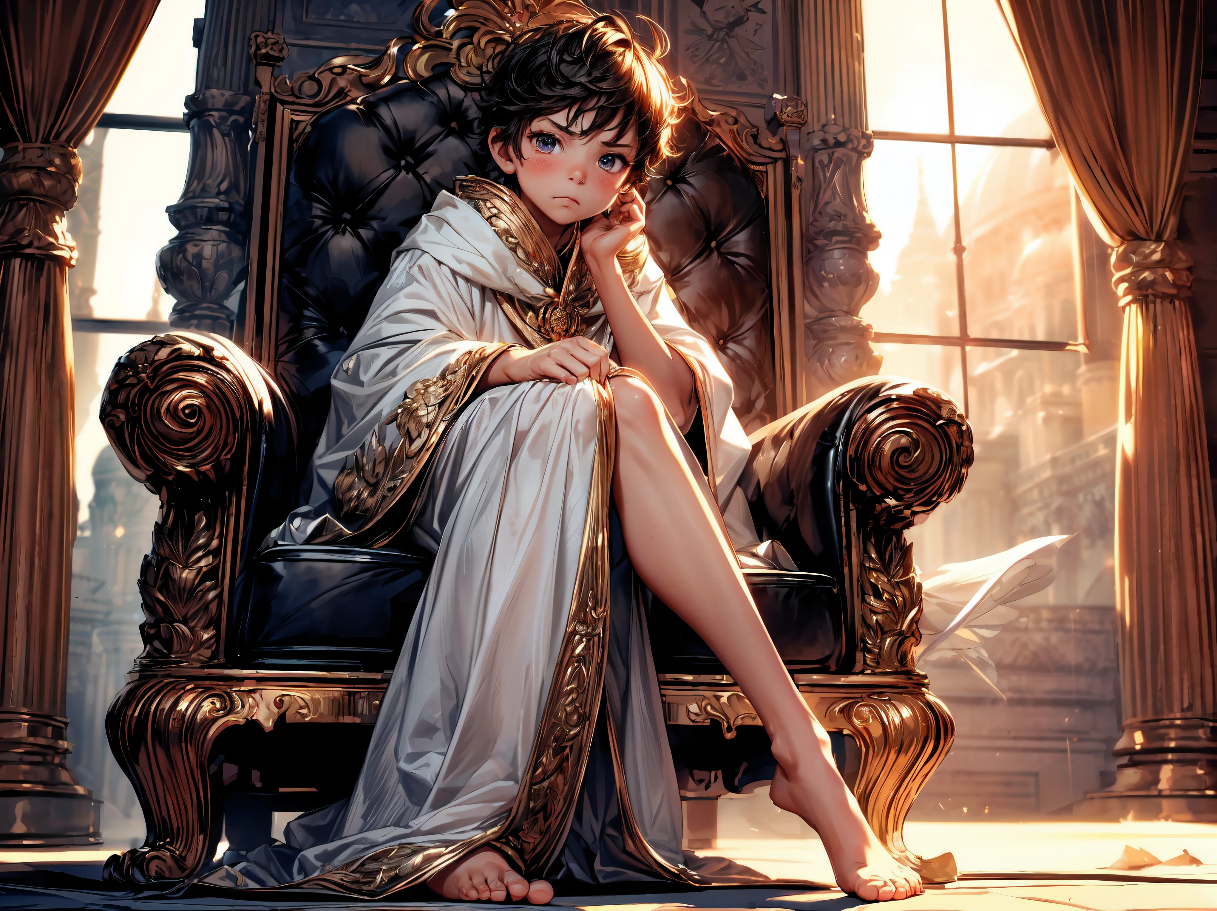 (best quality,4K,8K,high resolution,masterpiece:1.2),Super detailed,(actual,photoactual,photo-actual:1.37), (alone),(boys:1.1), (A cute very  boys:1.2) wear (white cloak) and a (Very long silk dress:1.1), (prince), (best wrinkles, best shadow, best texture), (barefoot), Soft curls, sDull eyes, (Dull eyes, looking at the audience, (anger, blush)), (Sitting dignifiedly on an exquisite and solemn throne), In the splendid palace, Bathed in the warm golden sunshine, Create a dreamy and magical atmosphere.