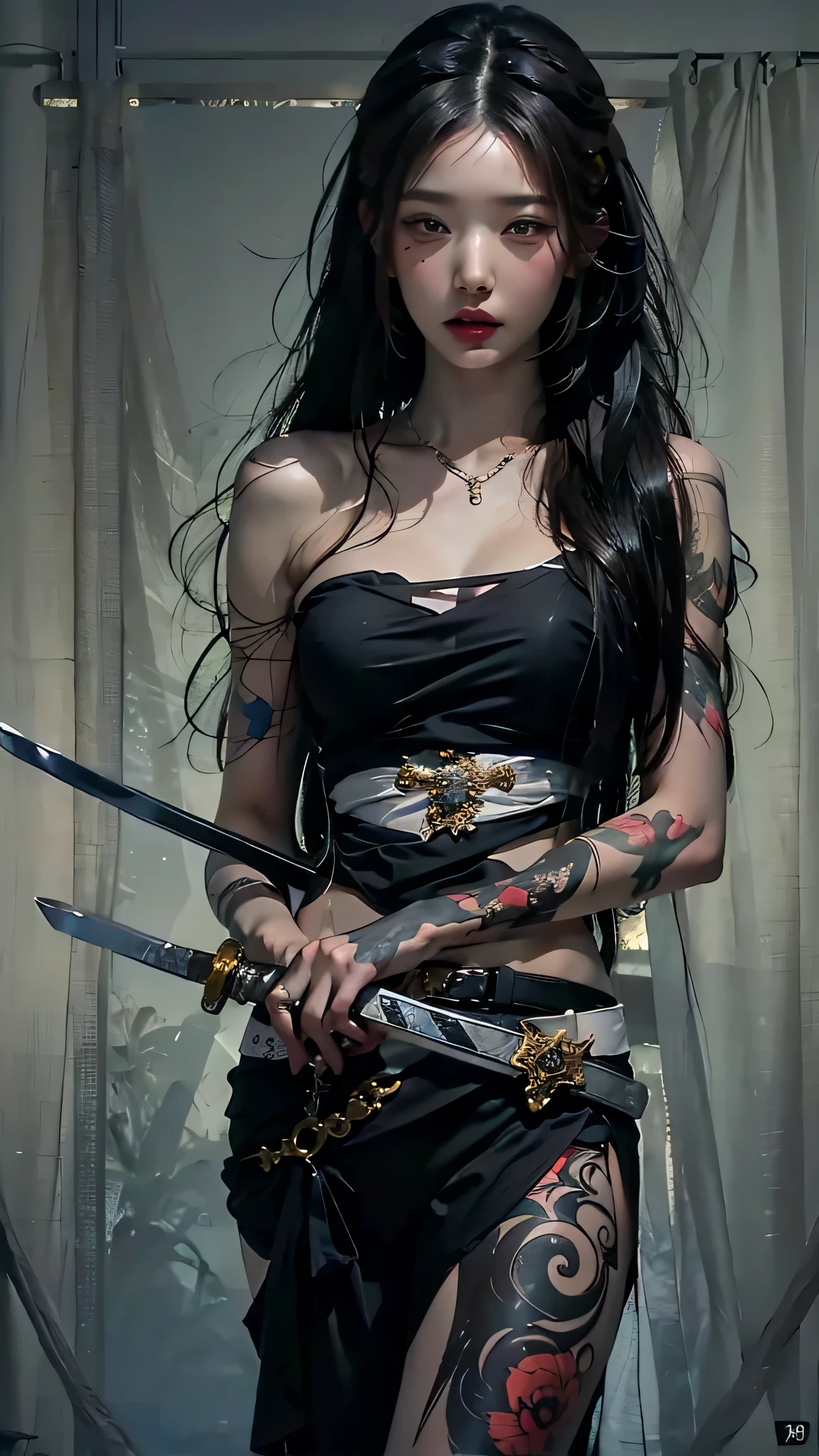 photorealistic, high resolution, soft light,1women, solo, hips up, (detailed face), jewelry, tattoo,black mafia clothing, black hair, super long hair, looking viewers, tatto, messy hair, close up, small breast, adult, holding sword