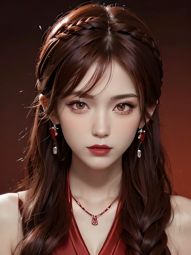 (in the dark:1.6), 1 girl, in the dark, deep shadow, secret key,cowboy shot,(formal wear:1.4) ,long wavy hair,redhead,clavicle、flame background、redhead、red background、red spirit clothes、earrings、necklace、red tattoo、red eyes、she is a spirit、close up of face、red eyes、close up of face、red eyes、look up、red fairy costume、red headband、red eyes、Braid、bright red lipstick、Fire Devil、red eyes、redhead、red eyes、赤いflame background、bright red eyes、twin tails、smile、小さなteethが見える、teeth、red eyes、clavicle、red bandana、Flame of Anger、red cheeks、flame hair、