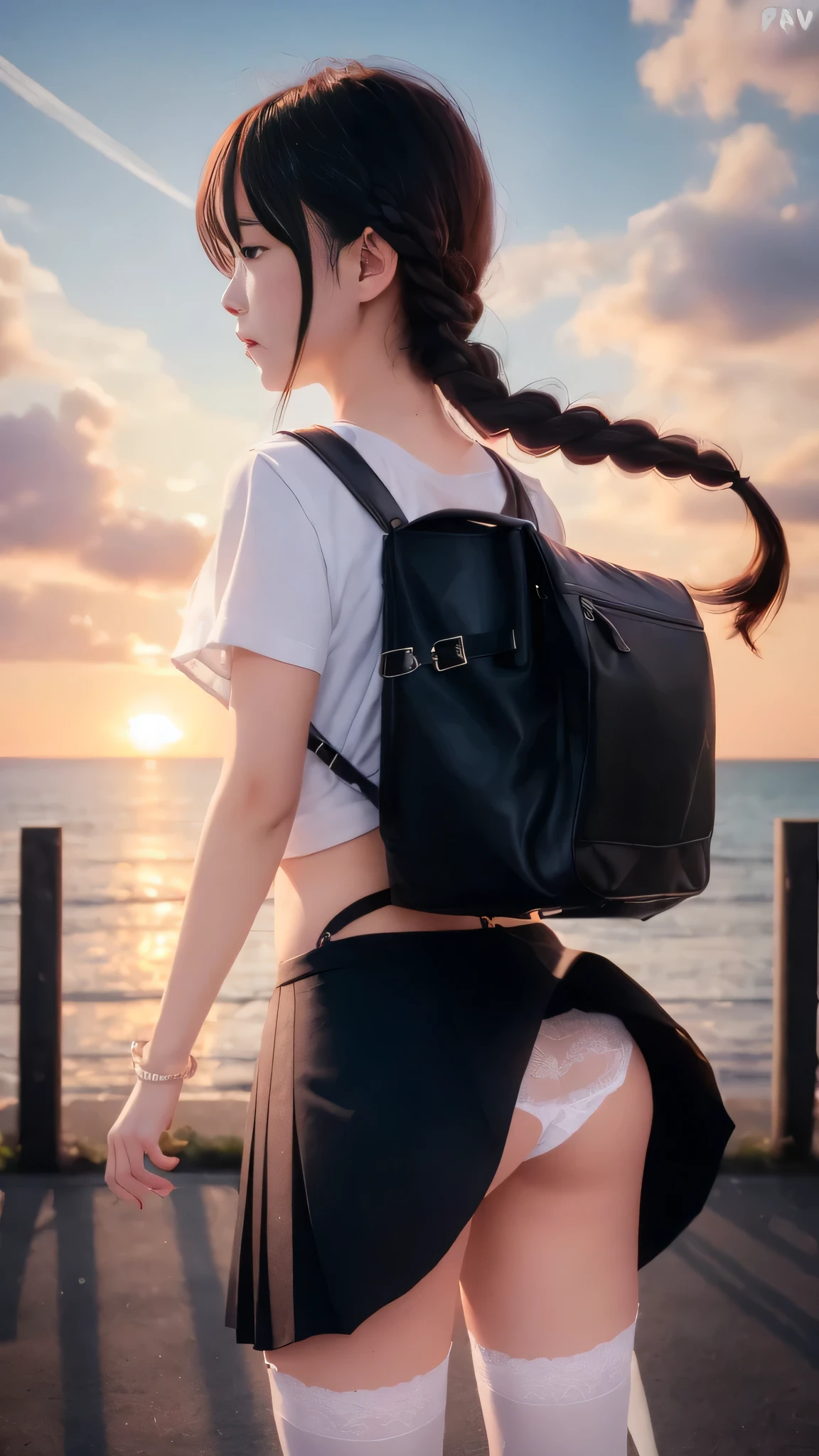 (((RAW image quality:1.4)))、1 girl, black hair, Braid, walk, from behind, accidental exposure, pleated skirt, Thin white panties, bag, Thighhighs, The wind is blowing