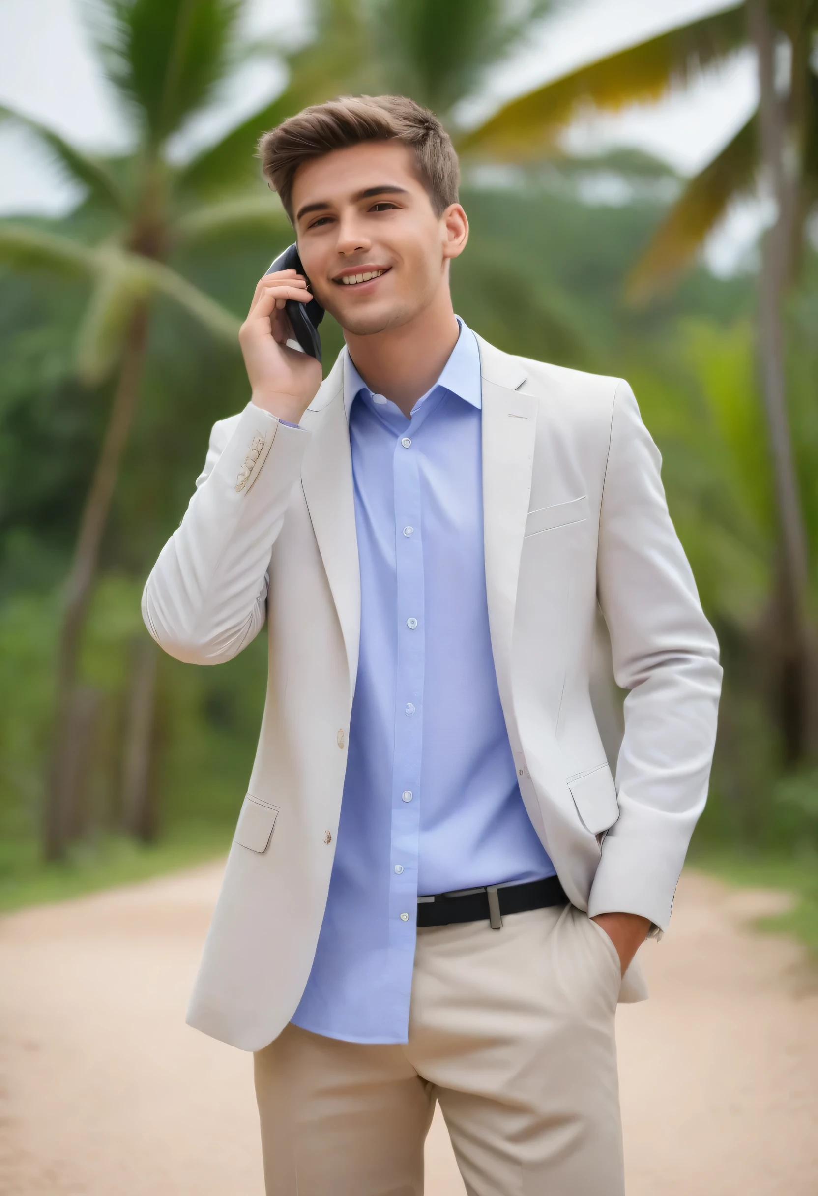 Young businessman talking on the phone outdoors in a tropical country