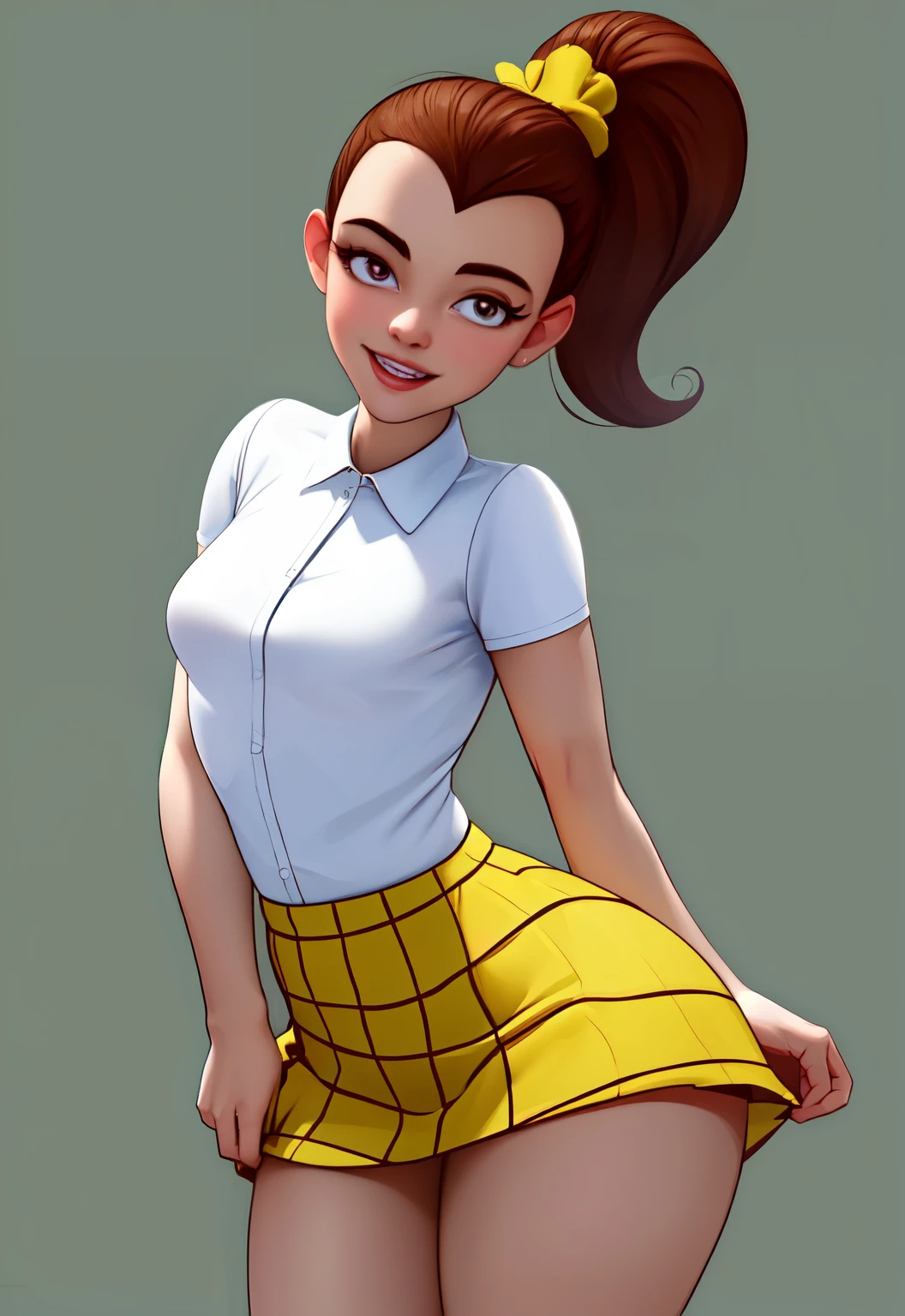 (masterpiece:1.4), (best quality:1.4), (high resolution:1.4),  Pixar style, LuanLoud smile, brown hair, pale skin, cowboy shot, white shirt, yellow mini skirt, looking at viewer, detailed face, detailed eyes, small breasts, curvy, ribbon, ponytail, buckteet, artstation female body, from the front, dynamic pose, solo, 1girl, 