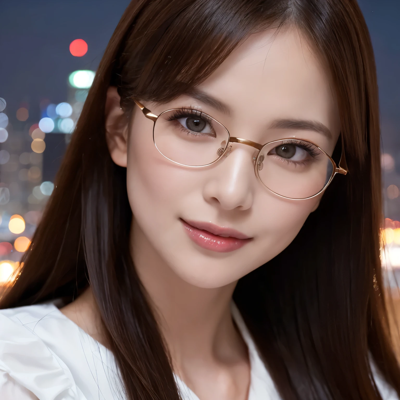 (highest quality、table top、8K、best image quality、Award-winning work)、one beautiful woman、25 years old、perfect beautiful composition、(Classy glasses:1.1)、Big breasts that are about to burst、white shirt、(Stand upright facing the front:1.1)、smile looking at me、perfect makeup、Bewitching、Overflowing sex appeal、glossy and bright lips、accurate anatomy、(close up of face:1.5)、(The most moody and romantic atmosphere:1.1)、(The most romantic blurred night scene background:1.1)、(Night view of the 40th floor seen from the roof of a skyscraper:1.2)、Beautiful face with exquisite balance、perfect makeup、Ultra high definition beauty face、ultra high definition hair、Moist eyes in super high resolution、(completely closed lips:1.2)、(Super high resolution glossy skin:1.1)、Super high resolution glossy lips