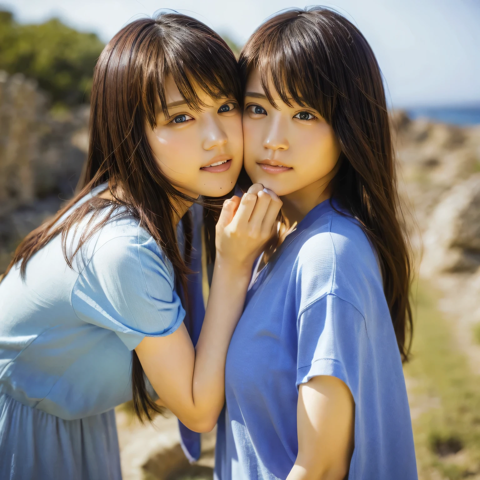 identical twin sisters kissing、blue filter、32k, highest quality, masterpiece, realistic, Super detailed,  photo shoot, HDR, side-by-side photo, High resolution, confused, smoother light, official art, written boundary depth, bright light,
close, thin, detailed face, anger, Beautiful eyes in every detail, 19 years old Korean, cute, highest quality real texture skin,
T-shirt,