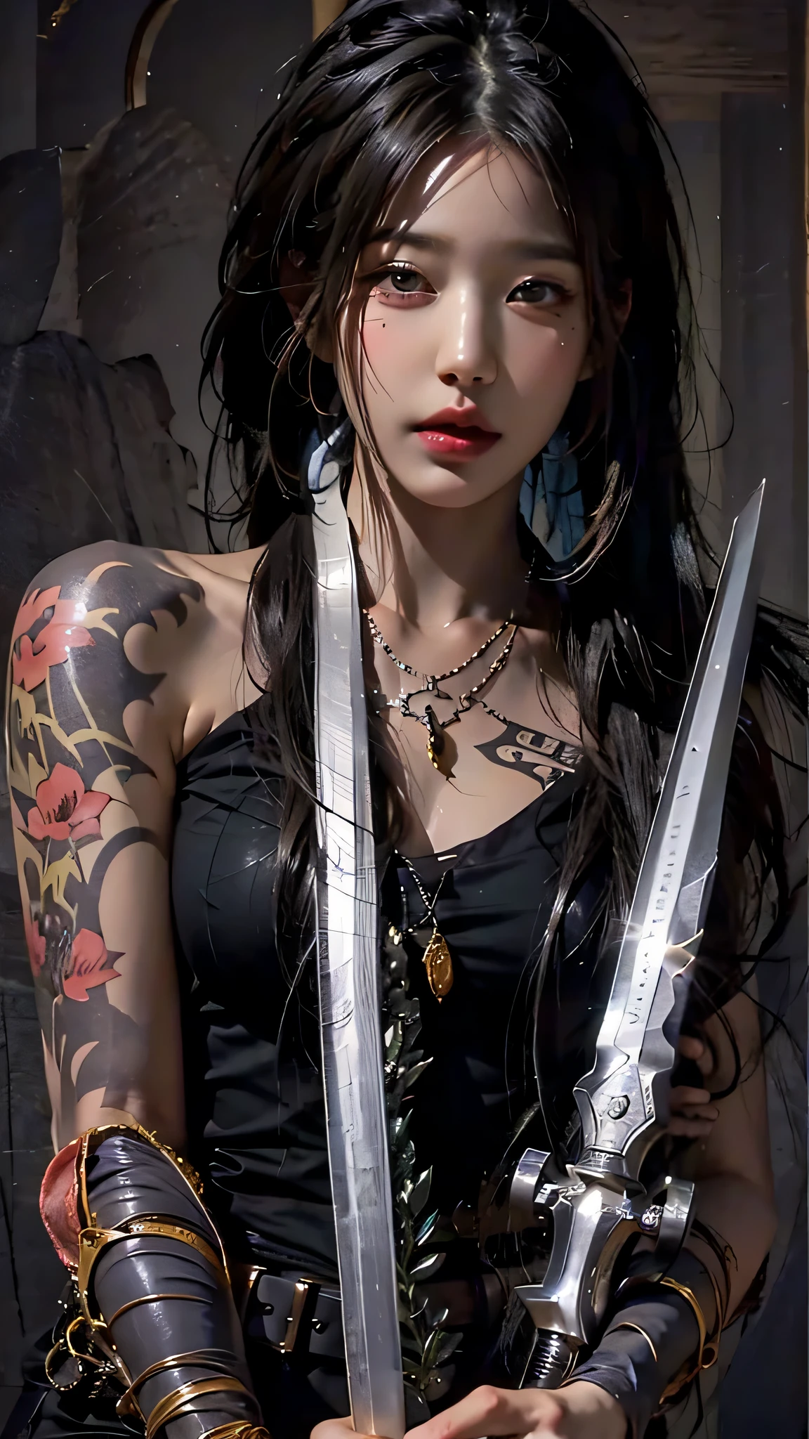 photorealistic, high resolution, soft light,1women, solo, hips up, (detailed face), jewelry, tattoo,black mafia clothing, black hair, super long hair, looking viewers, tatto, messy hair, close up, small breast, adult, holding sword