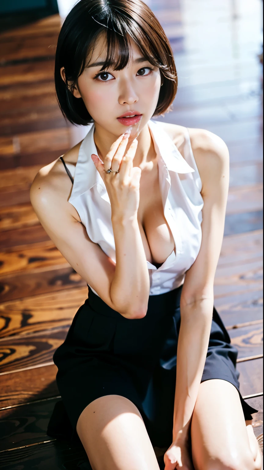 (highest quality, 8K, 32k, masterpiece, UHD:1.2),Photos of beautiful Japanese women, 22 years ago,medium breasts,(black,short hair:1.2),teacher,classroom,(open white shirt:1.3),(black suit skirt:1.1),off shoulder,high heels,(From above:1.1),throw,looking at the viewer,floor to sit on,wooden floor,( cum on chest:1.4),(drooling:1.5),blush,(close:1.2),detailed face,evening