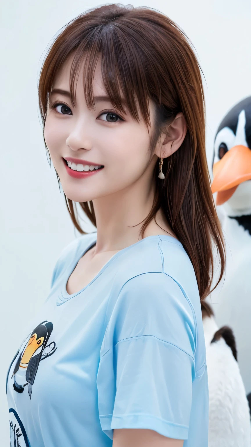 (highest quality、8K、32k、masterpiece)、(realistic)、(Photoreal:1.2)、(High resolution)、Super detailed、very beautiful face and eyes、1 girl、round and small face、thin waist、delicate body、(close、highest quality、high detail、Rich skin details)、(highest quality、8K、oil paint:1.2)、Super detailed、(realistic、realistic:1.37)、bright colors、(((bust shot)))、(((brown hair)))、(((brown hair)))、(((medium hair)))、(((pure white wall background)))、(((pure white wall background)))、(((dressed in light blue)))、(((She has a happy expression)))、(((laughter)))、(((wearing a light blue T-shirt)))、(((look straight ahead)))、(((A shirt with a penguin on it)))、(((fold your arms)))、