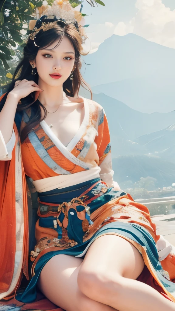 Blue sky and white clouds,Yunshan in the distance、tower and many people,pink flowers,Cherry tree,Hanfu woman,Phoenix Crown Tiara、Detailed embroidery、穿Hanfu裤袜、Hanfu、穿着长袖Hanfu、Transparent and clearly visible、from below:1.2、Bare oversized breasts、raw,(8K、top quality、masterpiece:1.8)、(intricate details:1.8)、(Realism:1.8)、Octane number renderings、Complex 3D renderings with ultra-details, Studio soft light, edge light, Vibrant details, Ultra-detailed, Realistic skin texture, Details, beautiful eyes, Very detailed CG Unity 16k wallpaper, cosmetics, (Detailed background:2.0), clear fingers,beautiful fingers,skin glowing、spread your legs,Camel toe showing thigh!!!、