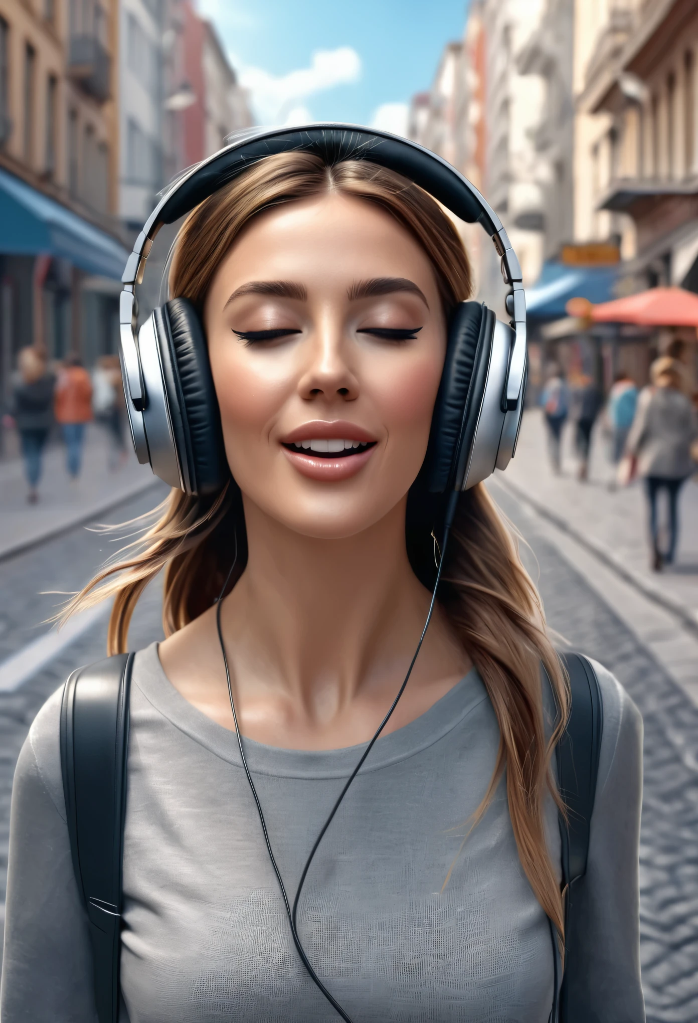 A beautiful lady wearing headphones,walking and singing on the city pavement photorealistic masterpiece
