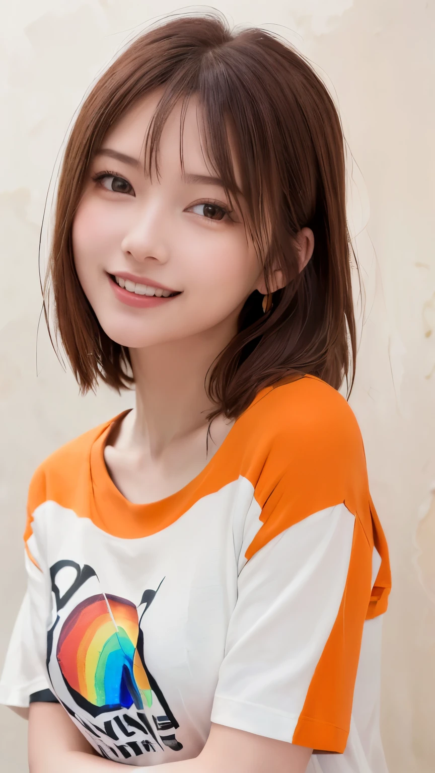 (highest quality、8K、32k、masterpiece)、(realistic)、(Photoreal:1.2)、(High resolution)、Super detailed、very beautiful face and eyes、1 girl、round and small face、thin waist、delicate body、(close、highest quality、high detail、Rich skin details)、(highest quality、8K、oil paint:1.2)、Super detailed、(realistic、realistic:1.37)、bright colors、(((bust shot)))、(((brown hair)))、(((brown hair)))、(((medium hair)))、(((pure white wall background)))、(((pure white wall background)))、(((dressed in orange)))、(((She has a happy expression)))、(((laughter)))、(((Wearing a vermilion T-shirt)))、(((look straight ahead)))、(((A shirt with a rainbow on it)))、(((fold your arms)))、