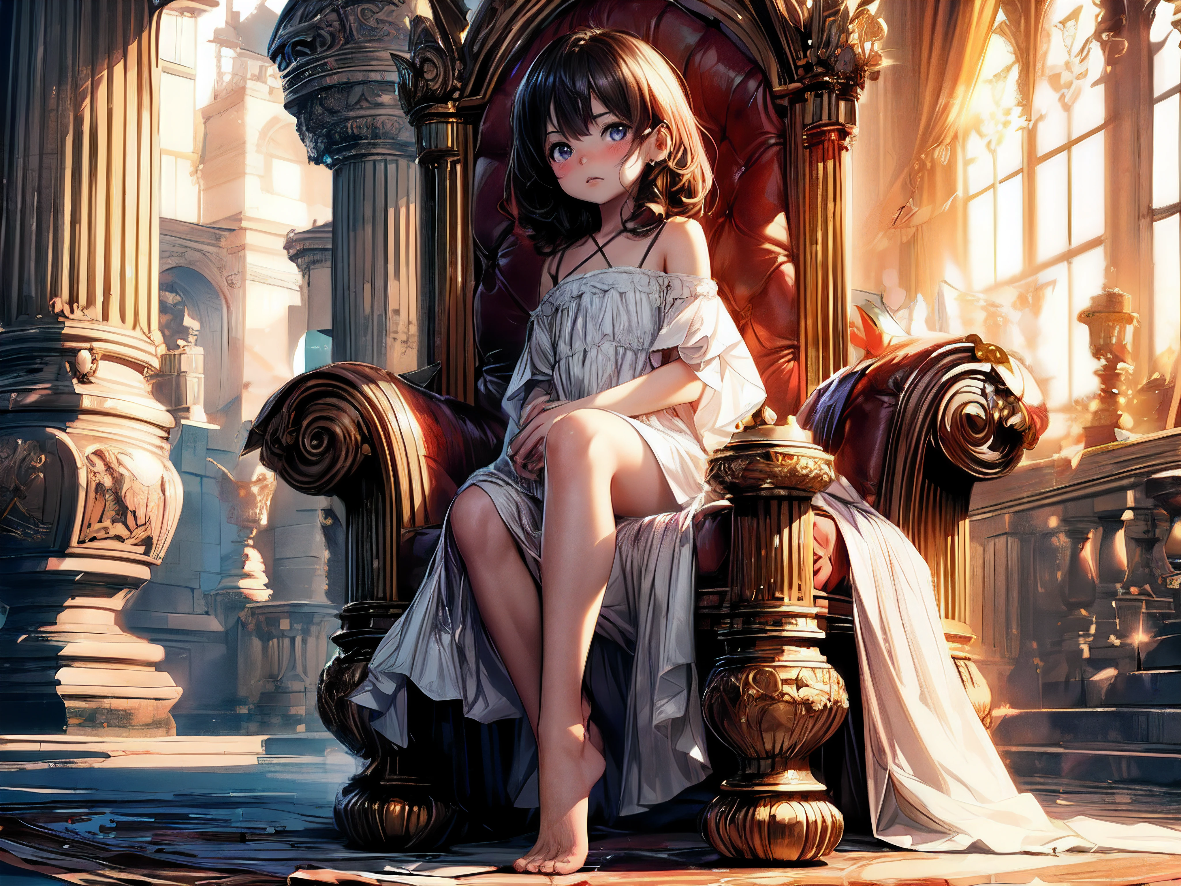 (best quality,4K,8K,high resolution,masterpiece:1.2),Super detailed,(actual,photoactual,photo-actual:1.37), (alone),(boys), (A cute very boys:1.2) wear (Very long silk dress:1.1), (prince), (best wrinkles, best shadow, best texture), (barefoot), Soft curls, sDull eyes, (Dull eyes, looking at the audience, (anger, blush)), (Sitting dignifiedly on an exquisite and solemn throne), In the splendid palace, Bathed in the warm golden sunshine, Create a dreamy and magical atmosphere.