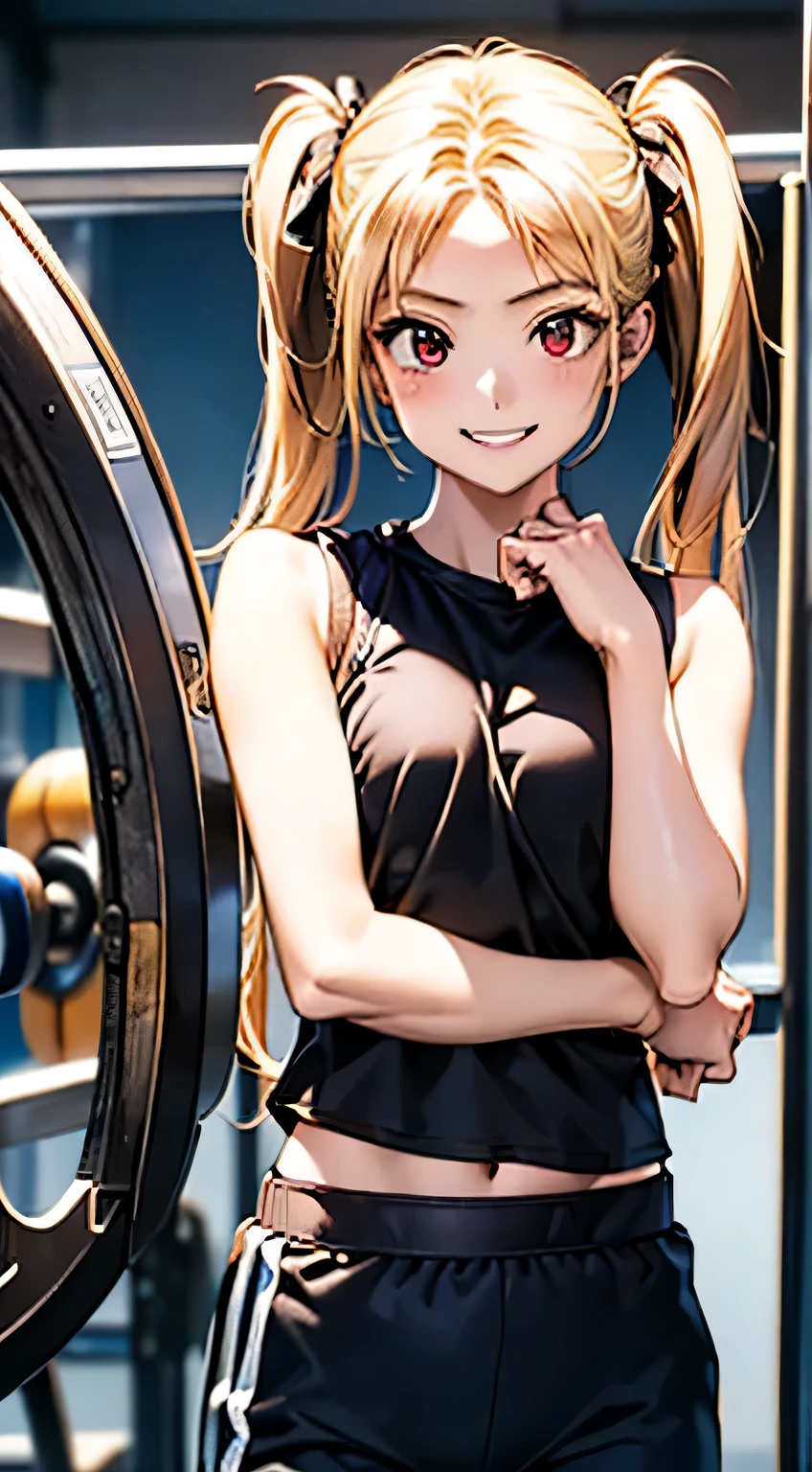最high quality、best image quality、masterpiece、with a girl((18-year-old, port well, sports pants、vest bust、bust 90、blonde twintails、red eyes、Open your chest wide, thin、smile,fitness, Using the Smith Machine:1.6)), high quality、beautiful art、With background((Sports club))、table top、elaborate design、visual art、