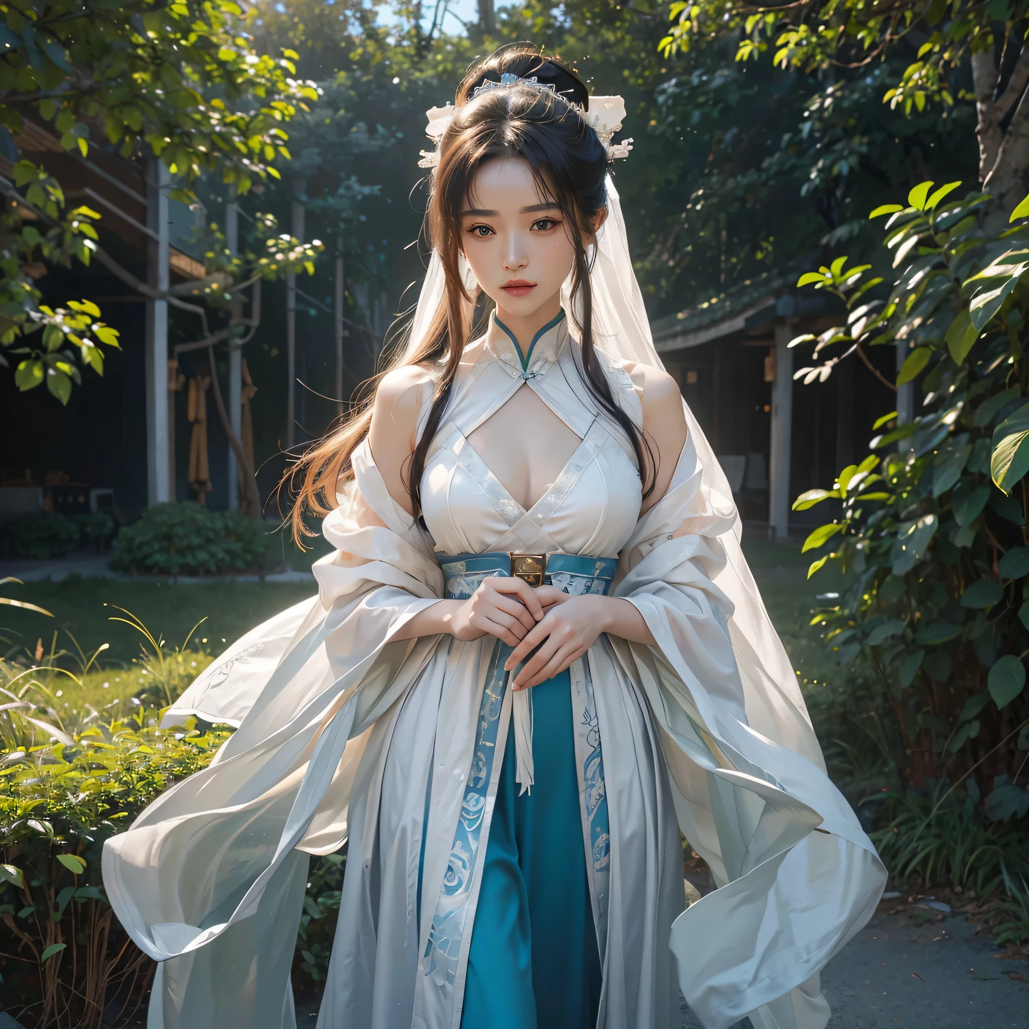 （1 girl：1.3）， alone， （（（非常非常非常Detailed face））），（（The eyes and face are very detailed））），beautiful and delicate eyes，body parts__，official art，unified 8k wallpaper，super detailed，Beautiful and beautiful，美丽，masterpiece，best quality，The original，masterpiece，super detailed photos，best quality，ultra high resolution，photorealism，Sunlight，full body portrait，Astonishingly beautiful，，dynamic poses，delicate face，，vibrant eyes，（View from the front）， Very detailed utopian sci-fi battlefield，Mecha world，Detailed face，Detailed complex busy background，untidy，Rich，Milky white W，highly refined skin，Authentic skin details，Visible pores，Clear focus，volumetric fog，8K Ultra HD，digital SLR camera，high quality，film grain，fair skin，photorealism，DL,In a utopian science fiction world,dystopian metropolis of the future,plainclothes,gorgeous hanfu,hanfu,Taoist robe，Taoist uniform，Beautiful Xiuhe,hairpin，bun，Jade crown，hair accessories，white hair,strong ,超部,messy hair,There is an alien spaceship in the sky,sci-fi spaceship,