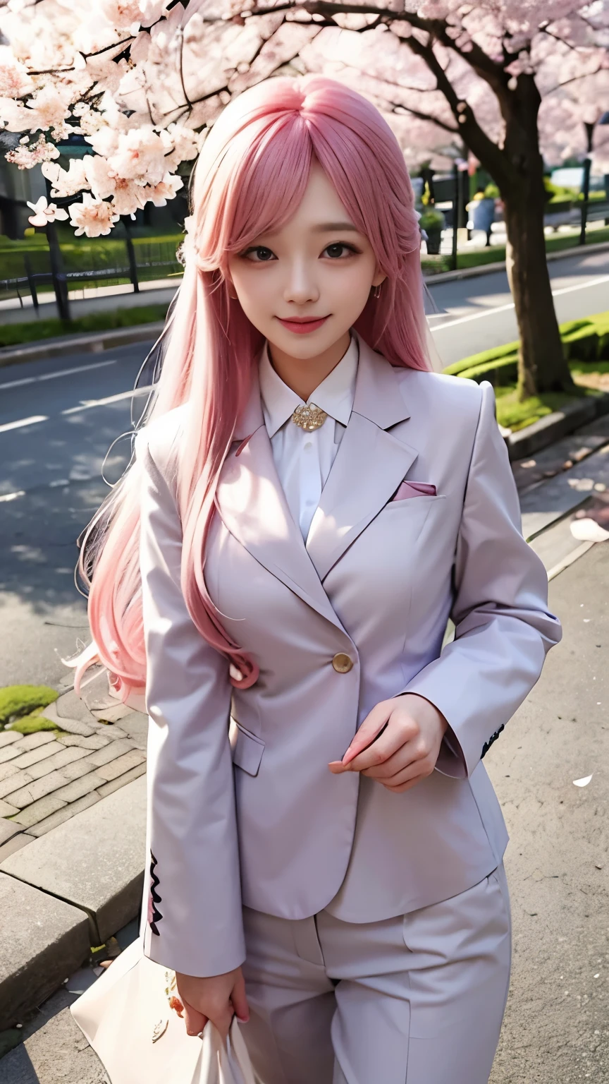 woman, formal suits in soft colors, soft colored hair、cherry blossoms吹雪、forest、cherry blossoms、smile