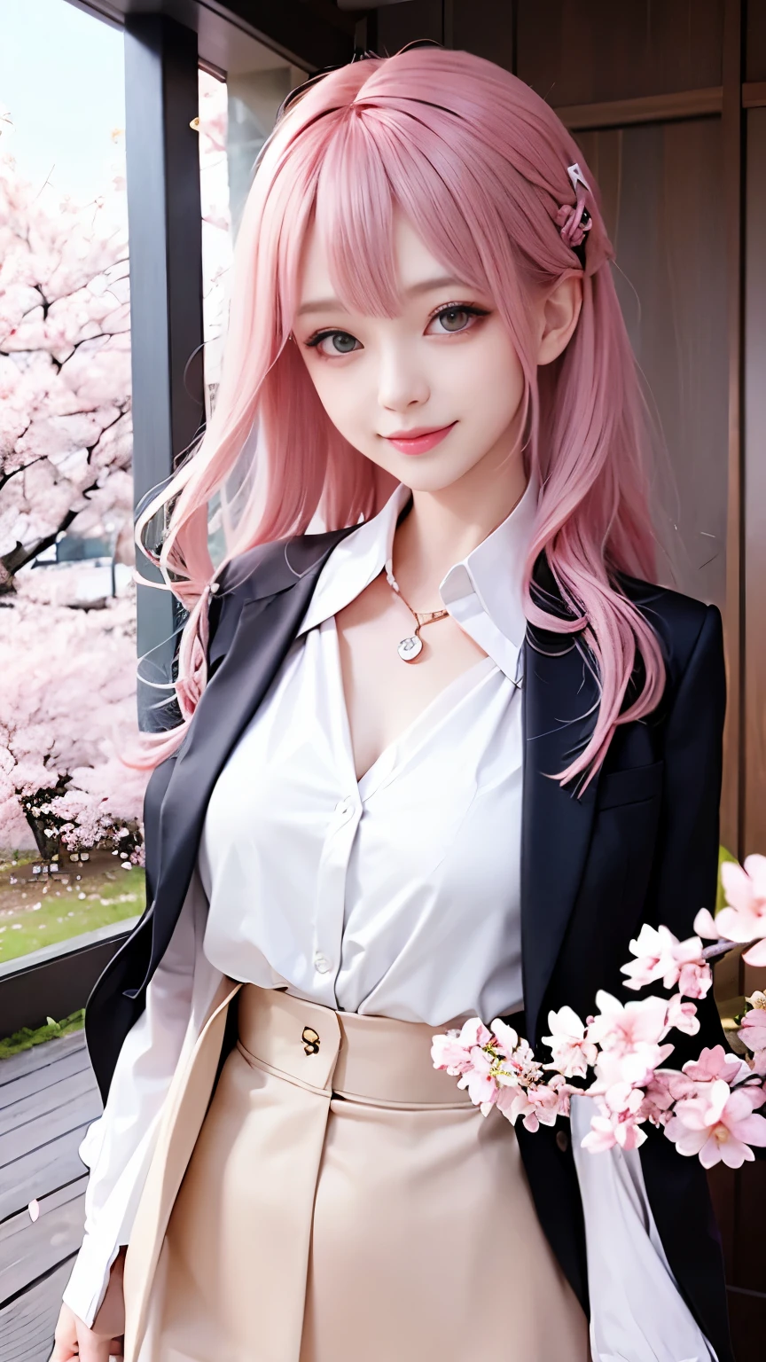woman, formal suits in soft colors, soft colored hair、cherry blossoms吹雪、forest、cherry blossoms、smile