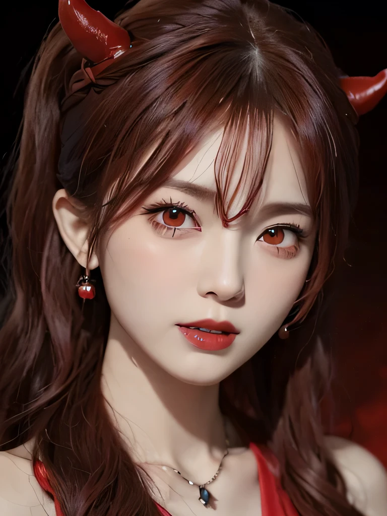 (in the dark:1.6), 1 girl, in the dark, deep shadow, secret key,cowboy shot,(formal wear:1.4) ,long wavy hair,redhead,clavicle、flame background、redhead、red background、red spirit clothes、earrings、necklace、red tattoo、red eyes、she is a spirit、close up of face、red eyes、close up of face、red eyes、look up、red fairy costume、red headband、red eyes、Braid、bright red lipstick、Fire Devil、red eyes、redhead、red eyes、赤いflame background、bright red eyes、twin tails、smile、小さなteethが見える、teeth、red eyes、clavicle、red bandana、angerの炎、red cheeks、flame hair、鋭い八重teeth、big fangs、Devil incarnation、anger、
