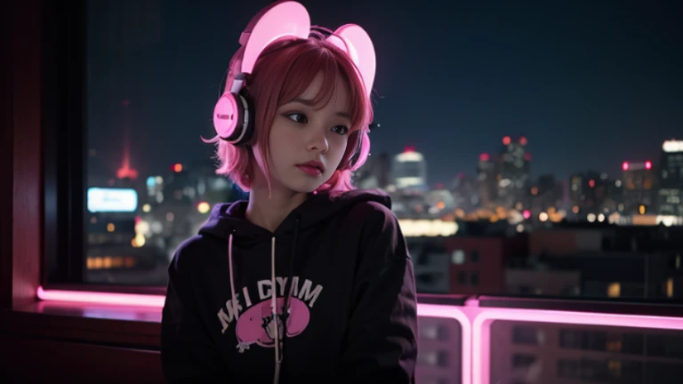 arafed woman with headphones looking out of a window at night, girl wearing headphones, pink headphones, with headphones, lofi girl, with headphones, lofi portrait at a window, dreamy cyberpunk girl, listen to music, wearing headphones, headphones on, cute girl with pink short hair, white glowing headphones, headphones dj rave, listen to music at 2 am, cyberpunk atmosphere