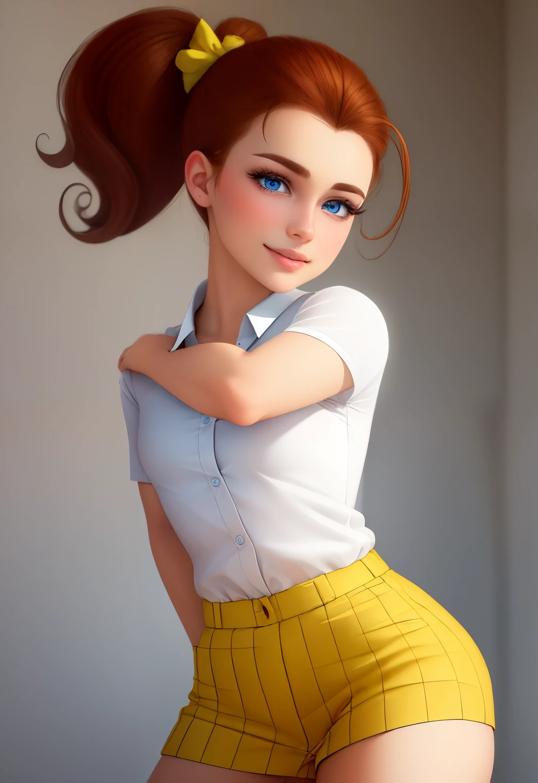 (masterpiece:1.4), (best quality:1.4), (high resolution:1.4), cartoon style, LuanLoud smile, brown hair, pale skin, cowboy shot, white shirt, yellow mini skirt, looking at viewer, detailed face, detailed eyes, small breasts, curvy, ribbon, ponytail, buckteet, artstation female body, from the front, dynamic pose, solo, 1girl, panties, BLUE eyes