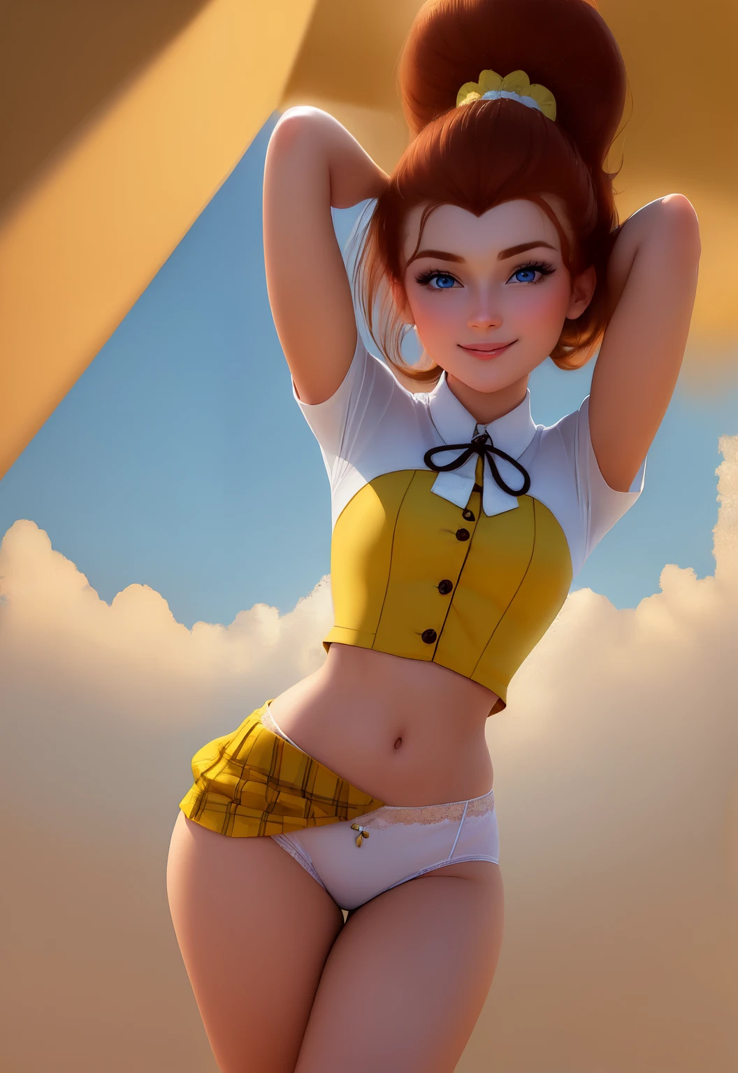 (masterpiece:1.4), (best quality:1.4), (high resolution:1.4), cartoon style, LuanLoud smile, brown hair, pale skin, cowboy shot, white shirt, yellow mini skirt, looking at viewer, detailed face, detailed eyes, small breasts, curvy, ribbon, ponytail, buckteet, artstation female body, from the front, dynamic pose, solo, 1girl, panties, BLUE eyes