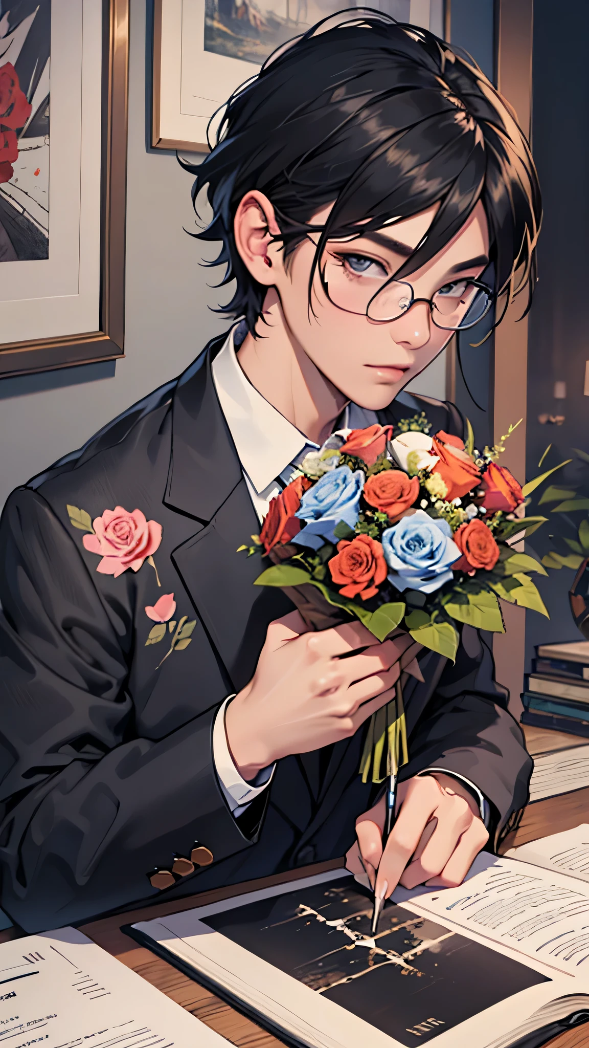 最high quality、best image quality、masterpiece、male((20-year-old、 By becoming、muscular、black Y-shirt、black suit、black tie、black hair、shortcut、holding a bouquet of roses、gesture of offering)),high quality、beautiful art、background((fine dining restaurant))、Flight、debris flies、Depth of written boundary、movie、visual art、perfect art、8K,genuine、Dynamic Performance