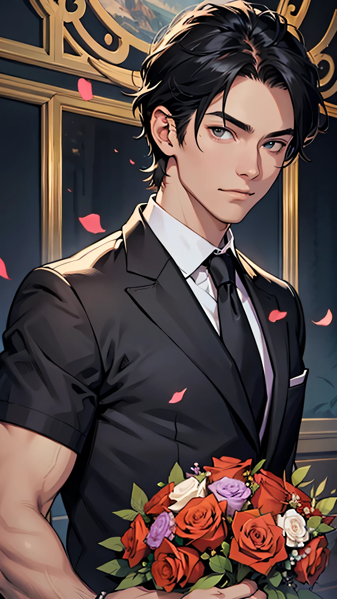 最high quality、best image quality、masterpiece、male((20-year-old、 By becoming、muscular、black Y-shirt、black suit、black tie、black hair、shortcut、holding a bouquet of roses、gesture of offering)),high quality、beautiful art、background((fine dining restaurant))、Flight、debris flies、Depth of written boundary、movie、visual art、perfect art、8K,genuine、Dynamic Performance