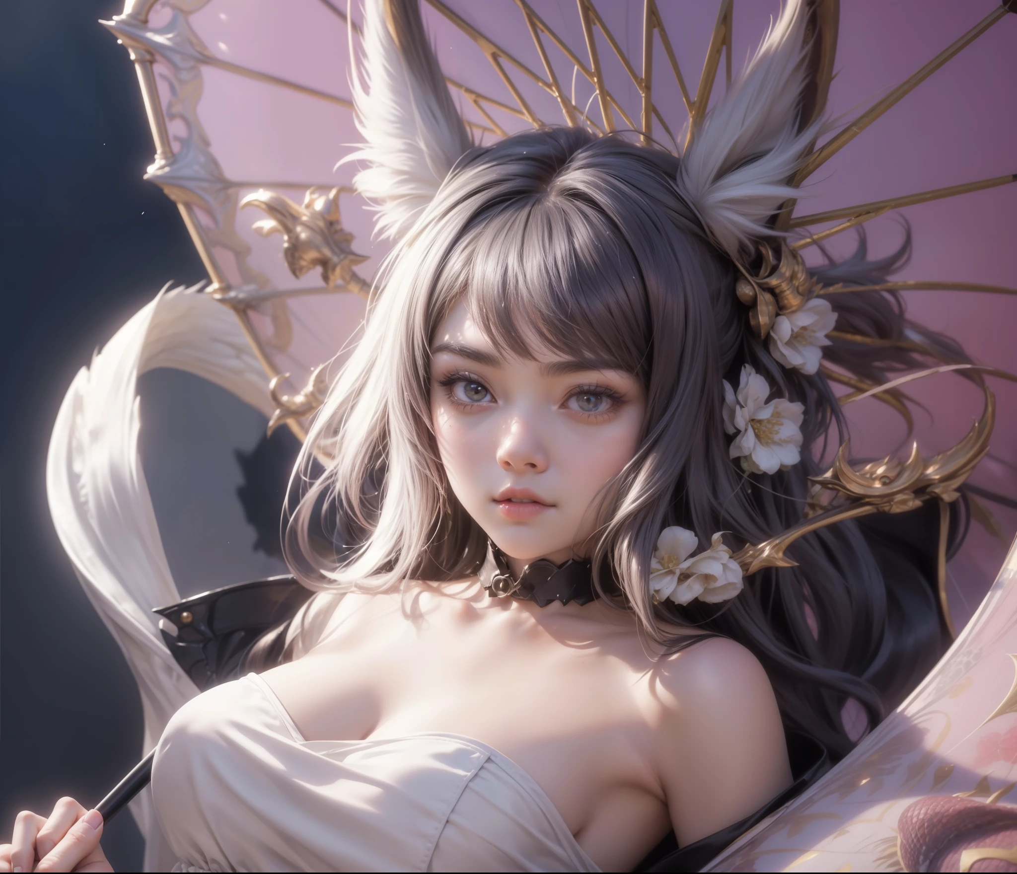(maximum resolution: 1.2), (Ultra HDTV: 1.2), 8K resolution, Eye and skin detail, detailed facial features, , ( Sharp focus: 1.2), (Focus focus) exact) facial expression: 1.2), Girl standing, On dragons, Pajamas, (long hair), Black hair , Sky, Good luck, Dragons, Fox ears, (hand holding umbrella)