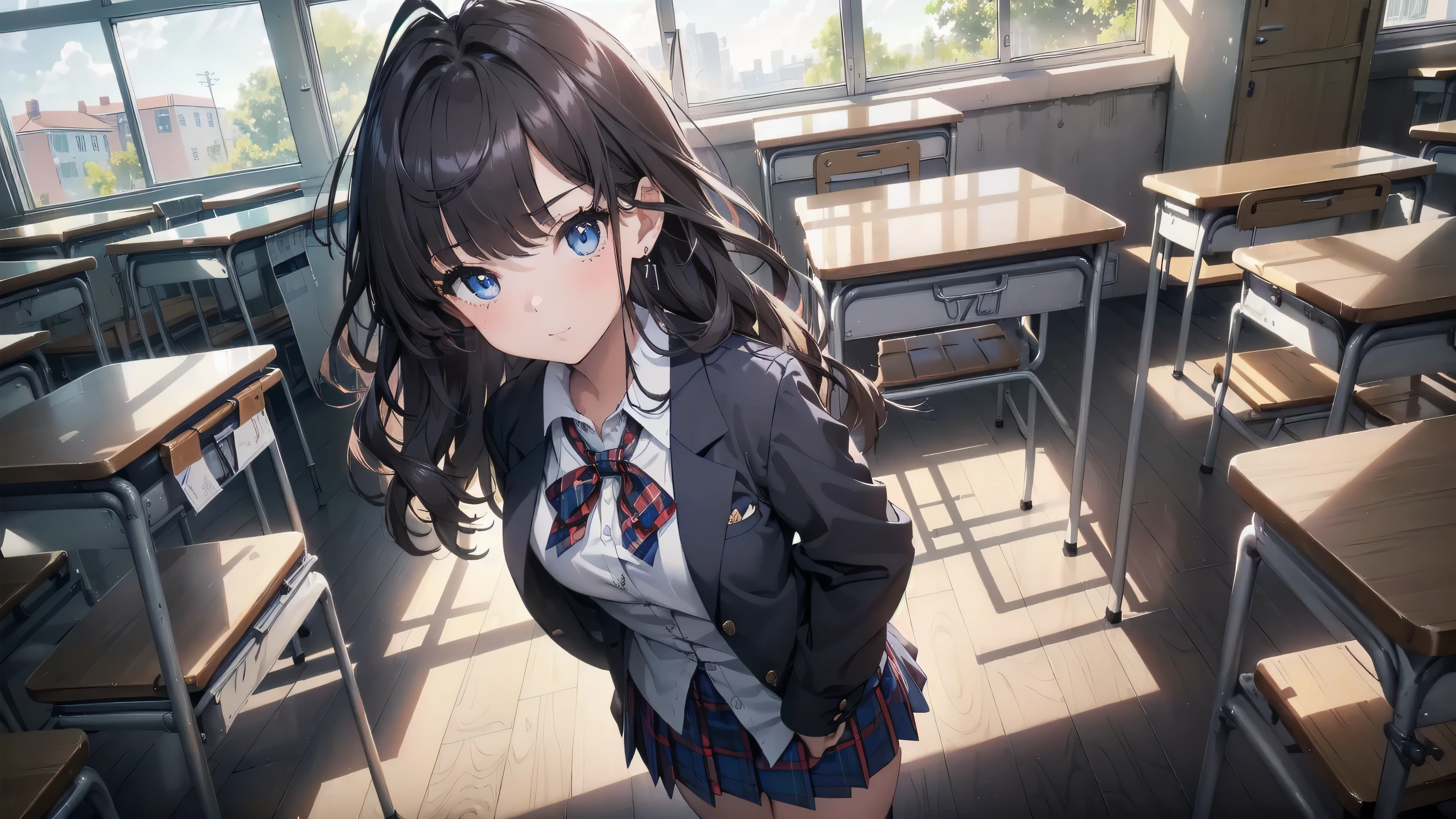 ((masterpiece)), ((Ray Traicing)), ((best quality)), ((highres)), ((realistic)), ((wallpaper)), ((Super Detailed)), ((High Quality)), ((vibrant colors)), ((colorful lighting, vivid colors, sunny color filter, nice colors)), ((soft lighting)), ((face detailed)), ((image detalied)), ((detailed classroom setting)), ((well focused and detailed image)). Ichinose shiki, idolmaster, long hair, two side up, hair bow, ahoge, medium breasts, earrings, , school scenery background, classroom (Please draw a single one girl walking in a classroom school:1.3) ((1girl)), (Solo, face,17-year-old:2.0), a high school student. Full limbs, complete fingers, ((perfect fingers)), ((perfect hands)), ((perfect arms)), medium butt, groin, perfect blue eyes, one american blazer uniform girl ((full white blouse with formal collar)), ((navy blue blazer, blue plaid skirt)), ((tartan, check plaid texture skirt)), ((red plaid bow on the blouse)), ((blouse inside the skirt, the blazer over it)), (Detailed Lighting), (Detailed background), (in the school zone), ((full body view)), ((standing)), ((legs)), uwabaki shoes. beautiful single girl (one girl), full body shot. Background is the school, front body ((walking, standing)). pretty eyelashes, make up, electric eyes, ((black socks, black school shoes)), ((standing right body, the girl appears in full body))