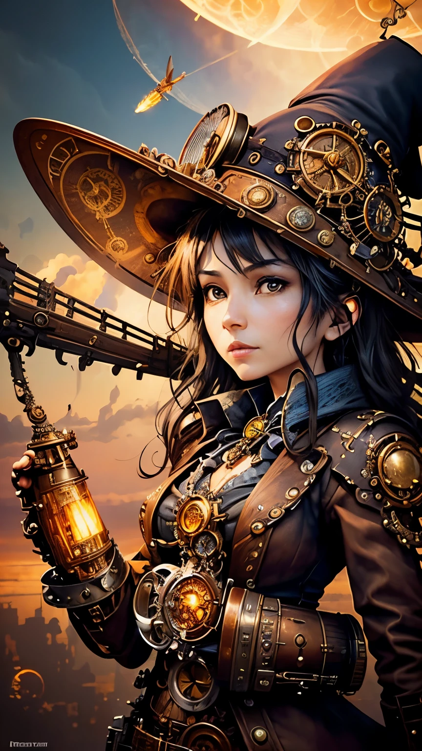 steampunkai。highest quality。masterpiece。detailed details。(((one woman)))。(((steampunk witch)))。(((Fly through the sky on a steampunk broomstick)))。The background is dynamic clouds at sunset。