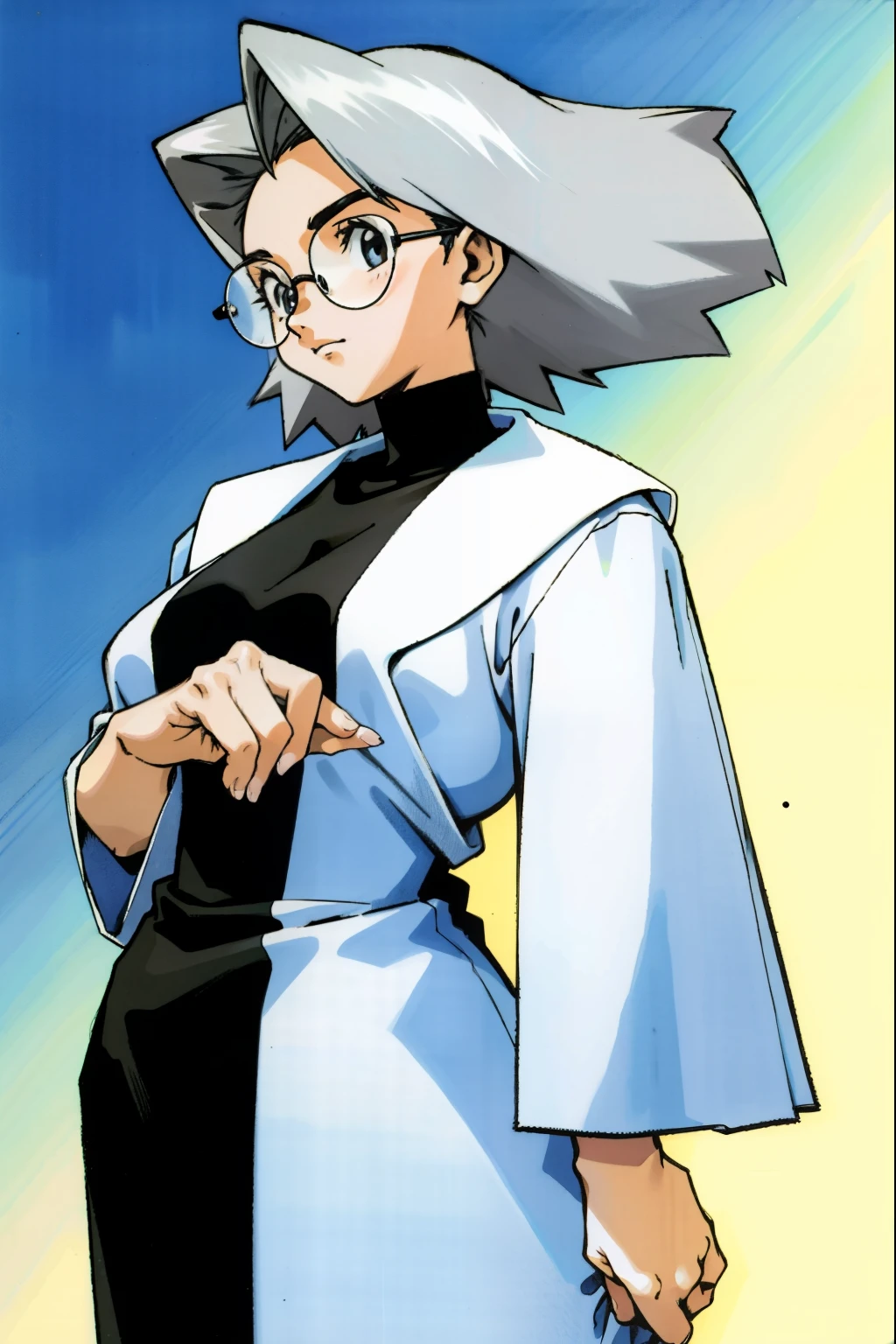 by Ken Sugimori, sugimori 1990s, ((only 1woman)), older woman, grey hair, plump, glasses, exquisite dress, wise, ((hands behind their back)), full black pupils, manga, best quality, highly detailed, clean lines, cowboy shot, good hands, good eyes, hd, 8k, professional, symmetrical, hires, 8k,